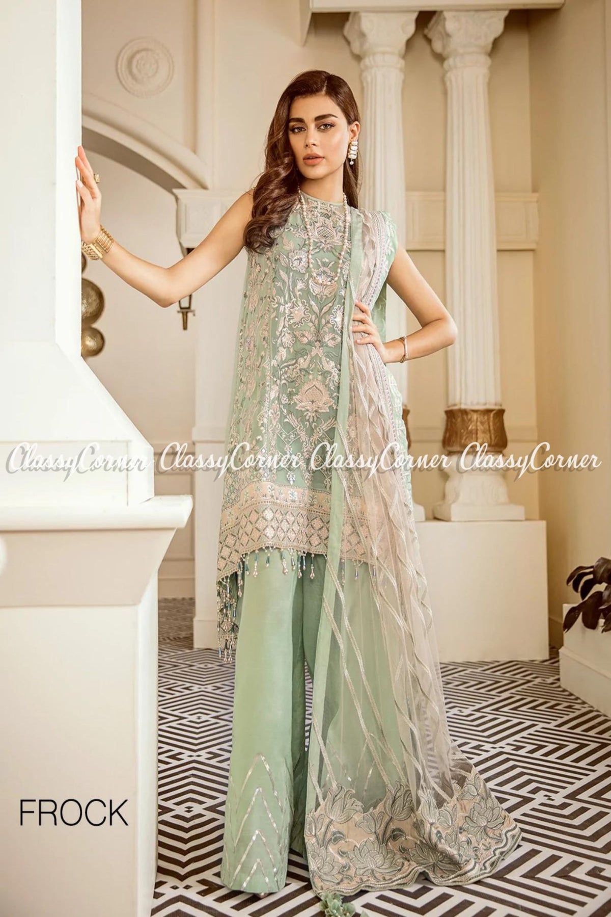 Pakistani Sea Green White Net Embroidered Salwar Kameez