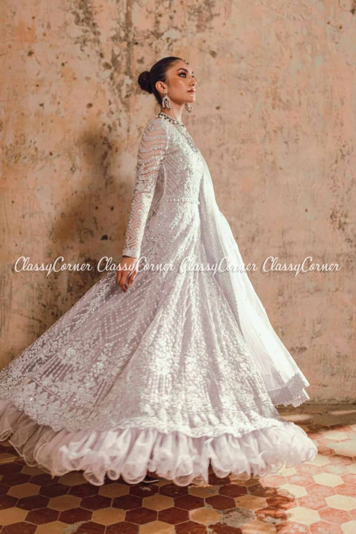 Silver Grey Net Embellished Bridal Wear Gown