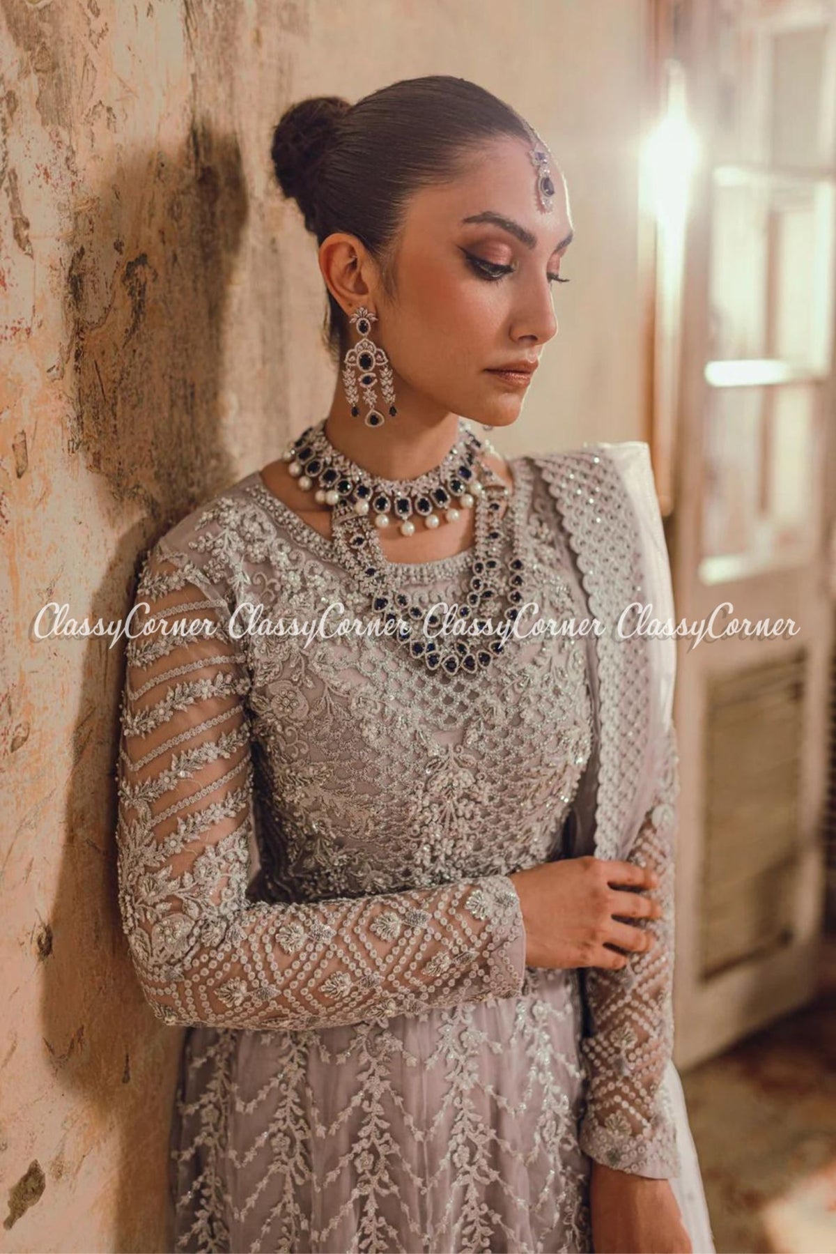 Silver Grey Net Embellished Bridal Wear Gown