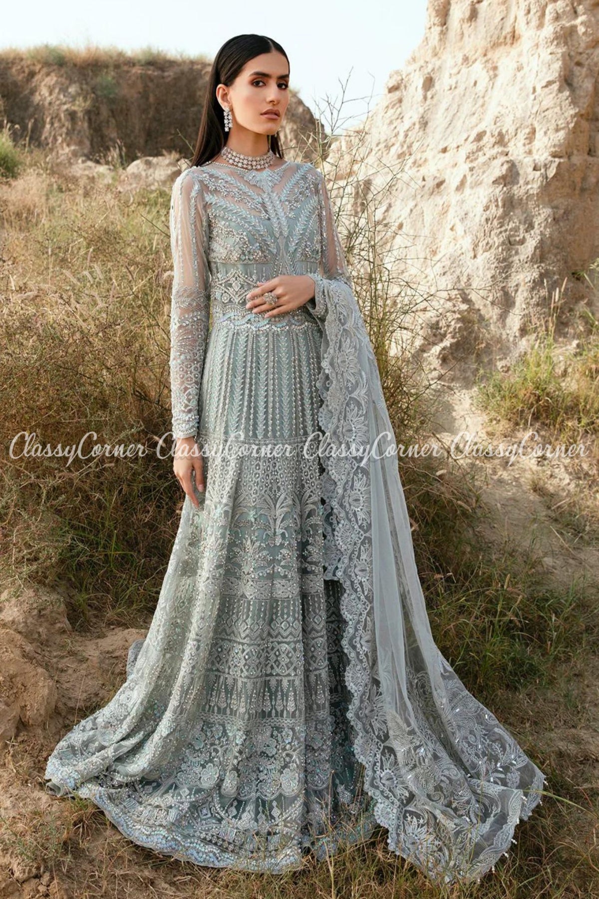 Silver Grey Net Embroidered Wedding Wear Gown