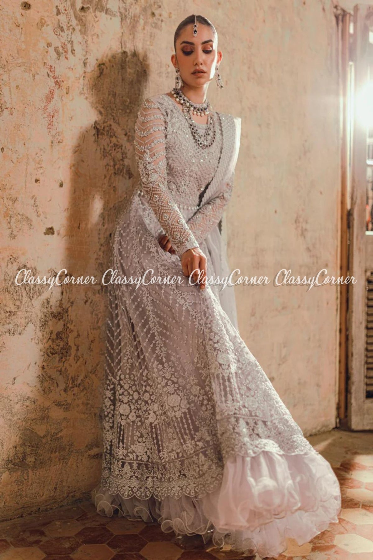 Silver Grey Net Embellished Bridal Wear Gown