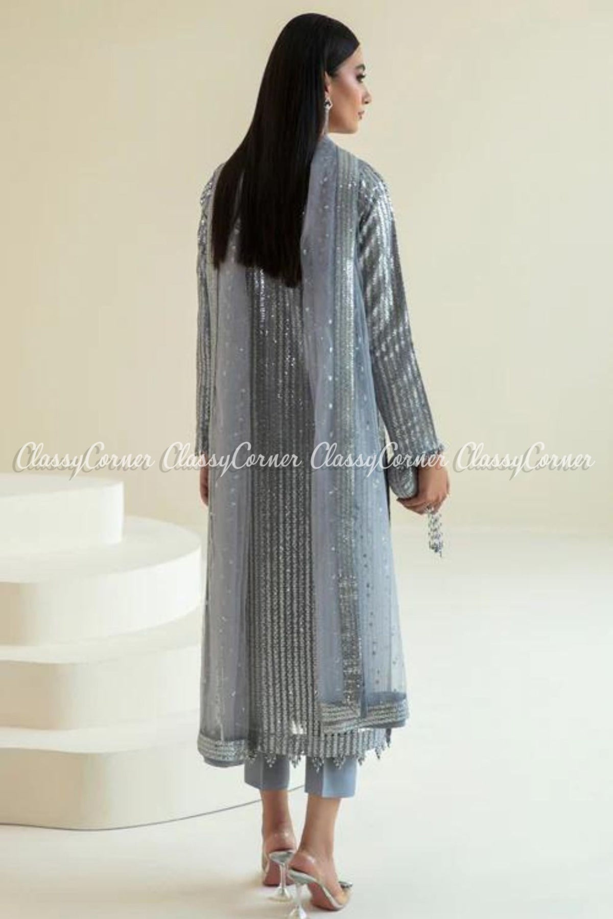 Silver Grey Net Embroidered Party Wear Salwar Kameez