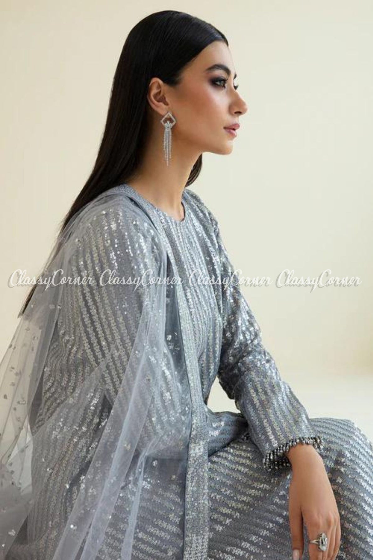 Silver Grey Net Embroidered Party Wear Salwar Kameez