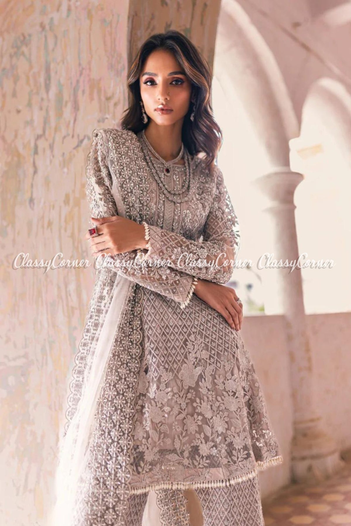 Silver Grey Net Embellished Wedding Wear Outfit