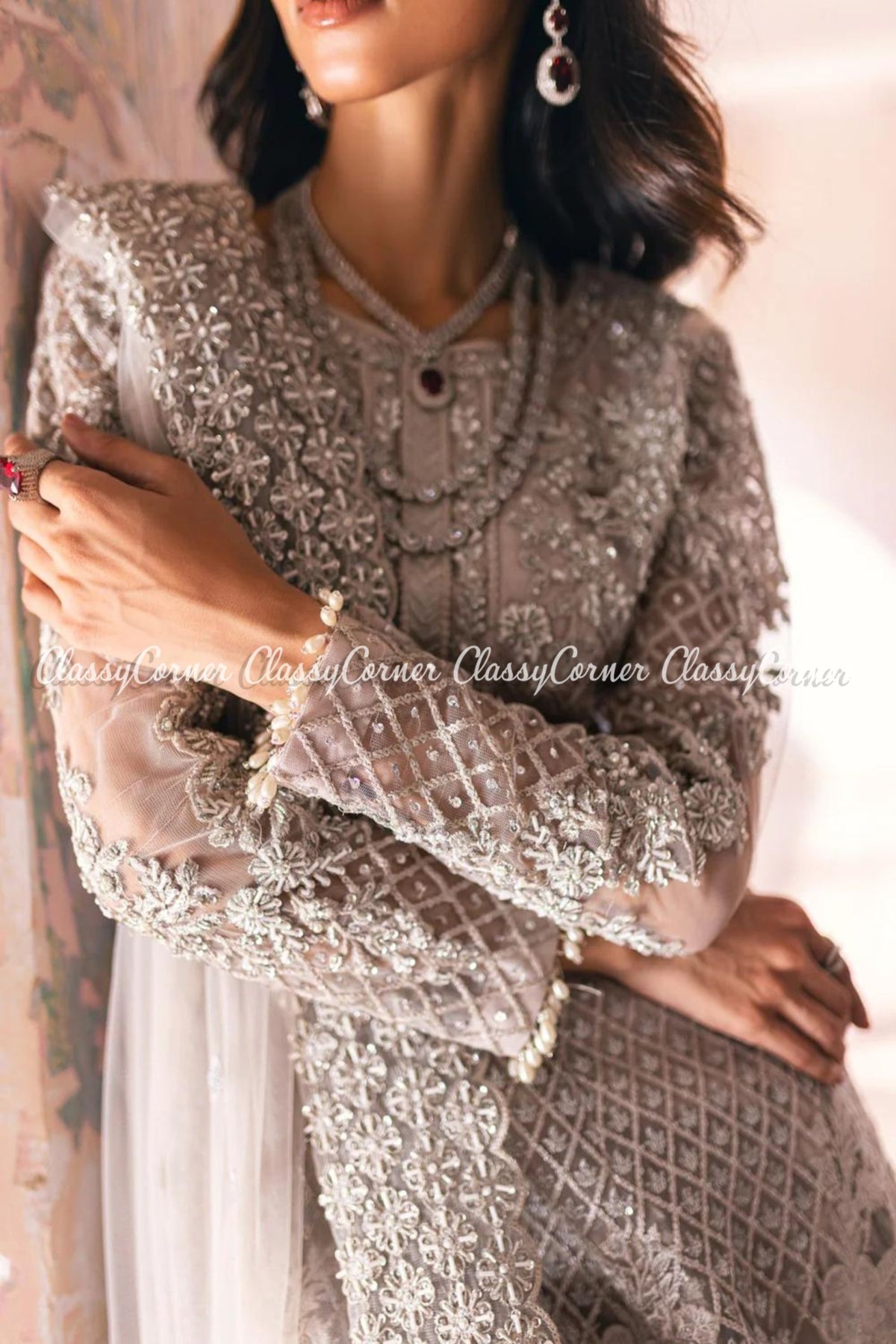Silver Grey Net Embellished Wedding Wear Outfit
