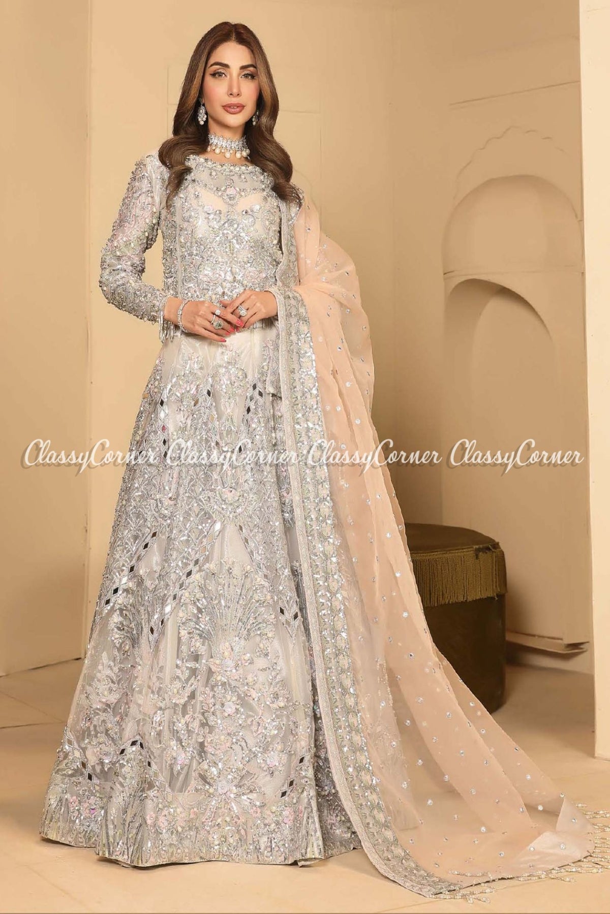 Silver Peach Net Embellished Lehenga Choli