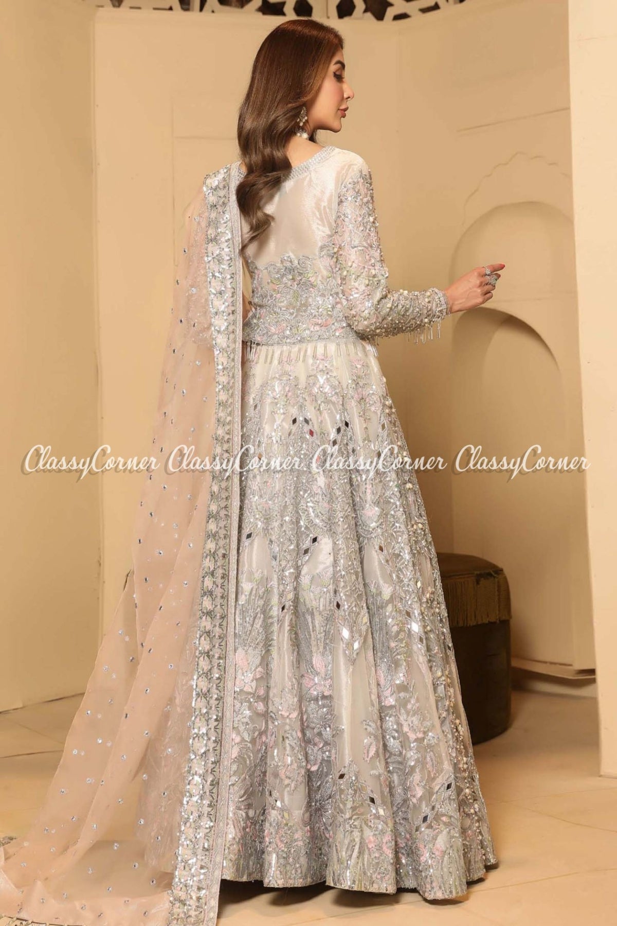 Silver Peach Net Embellished Lehenga Choli