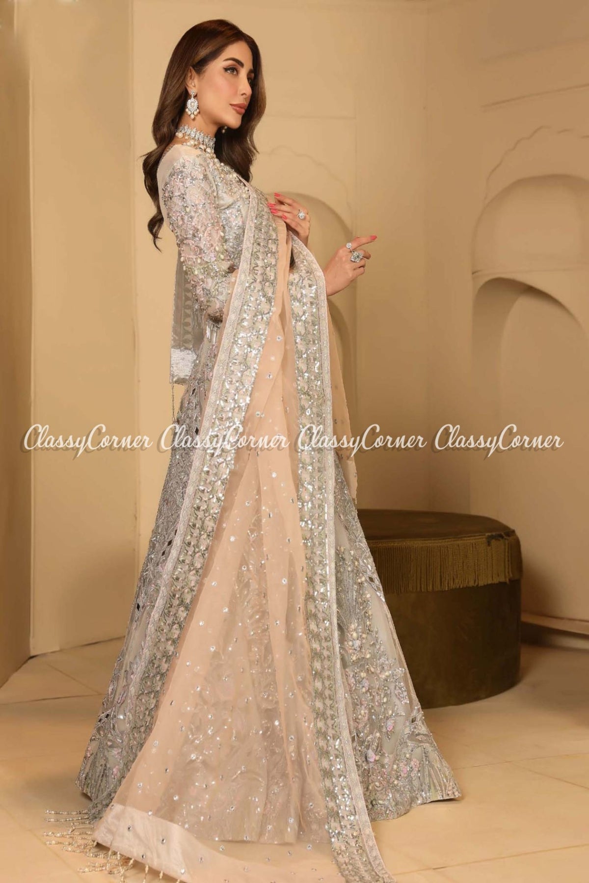 Silver Peach Net Embellished Lehenga Choli