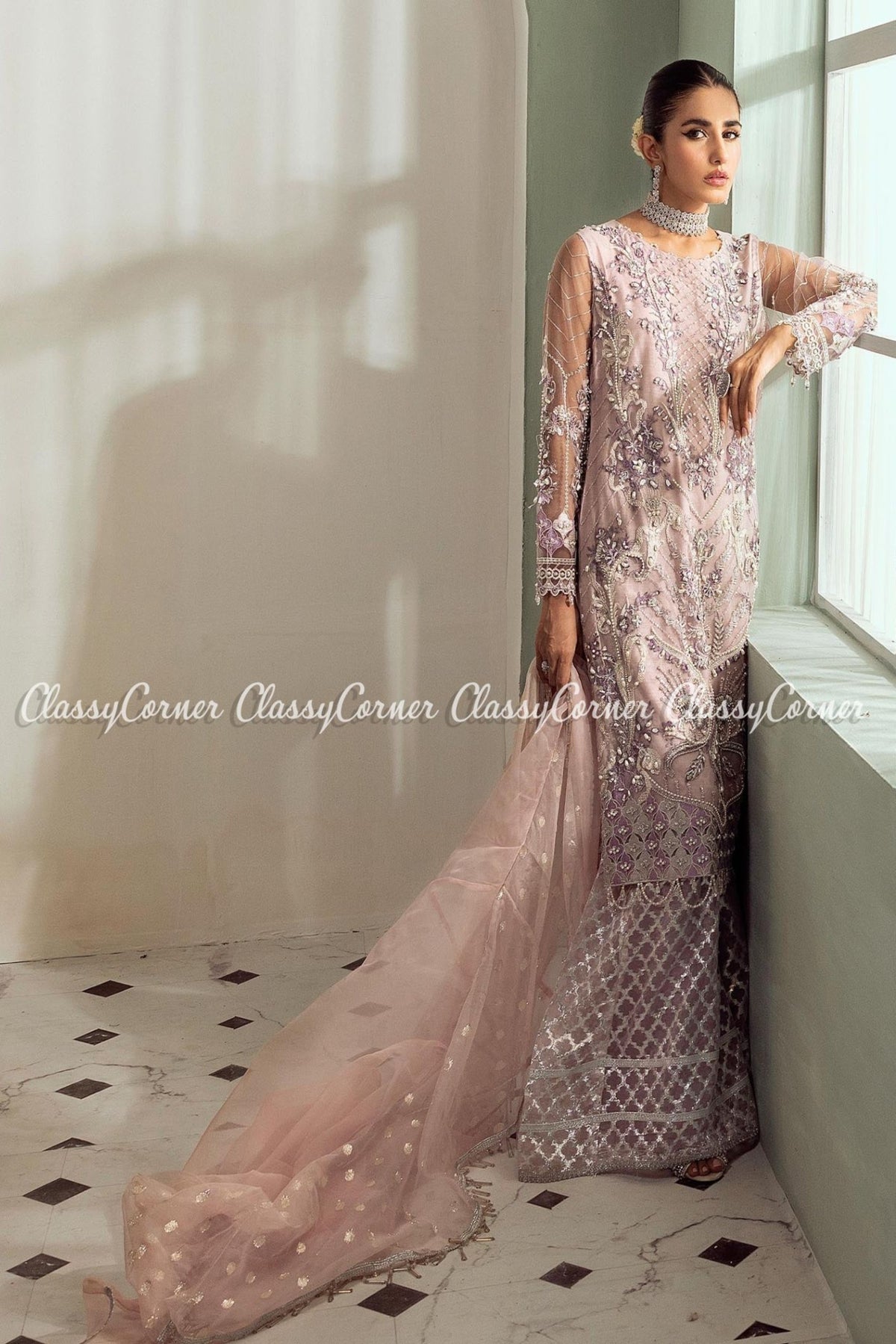 Pink Silver Net Embellished Bridal Wear Gharara