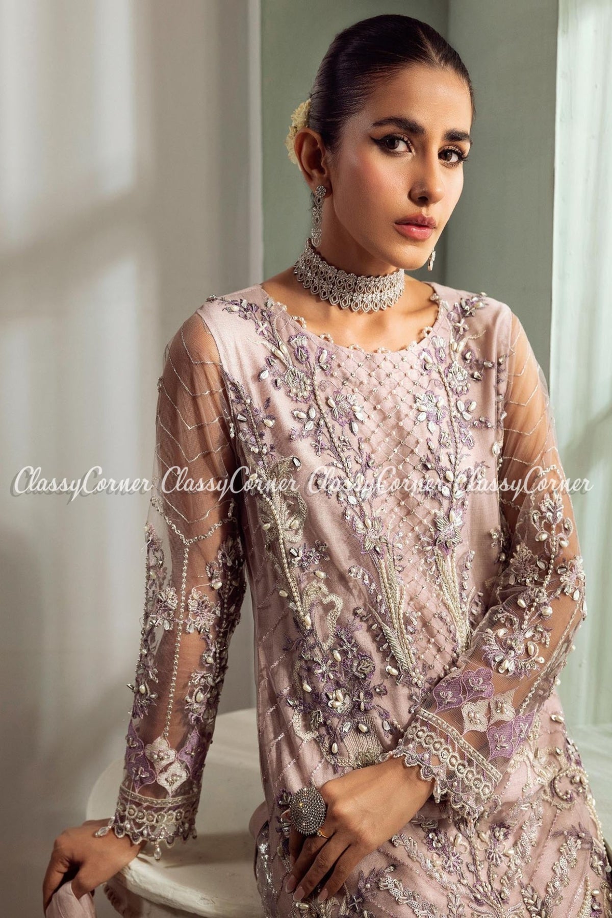 Pink Silver Net Embellished Bridal Wear Gharara