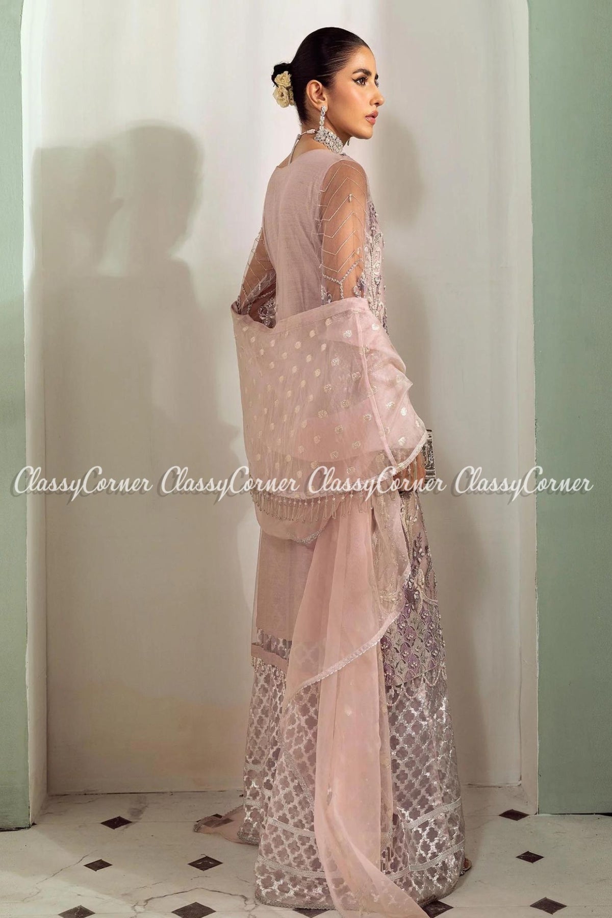 Pink Silver Net Embellished Bridal Wear Gharara