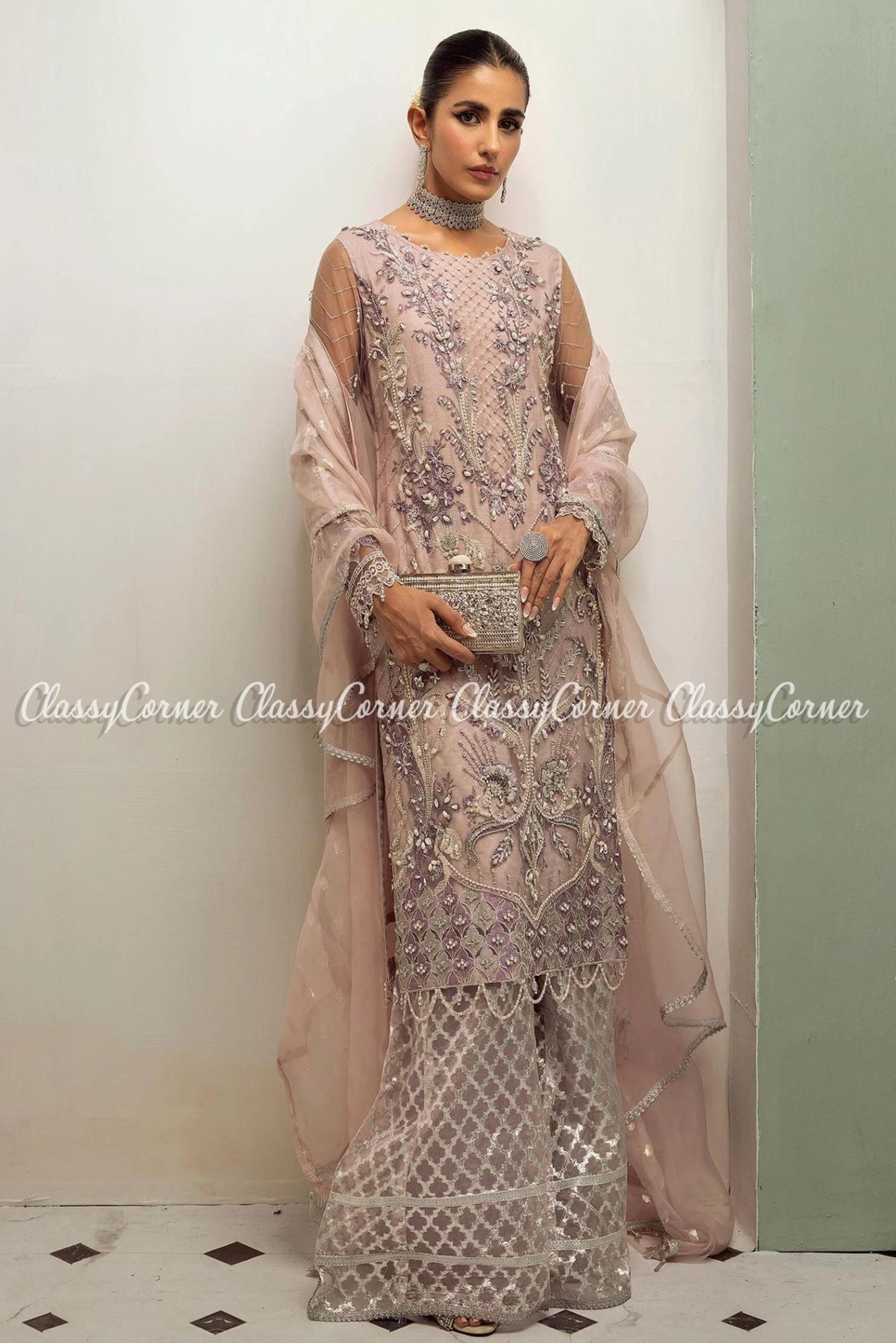 Pink Silver Net Embellished Bridal Wear Gharara