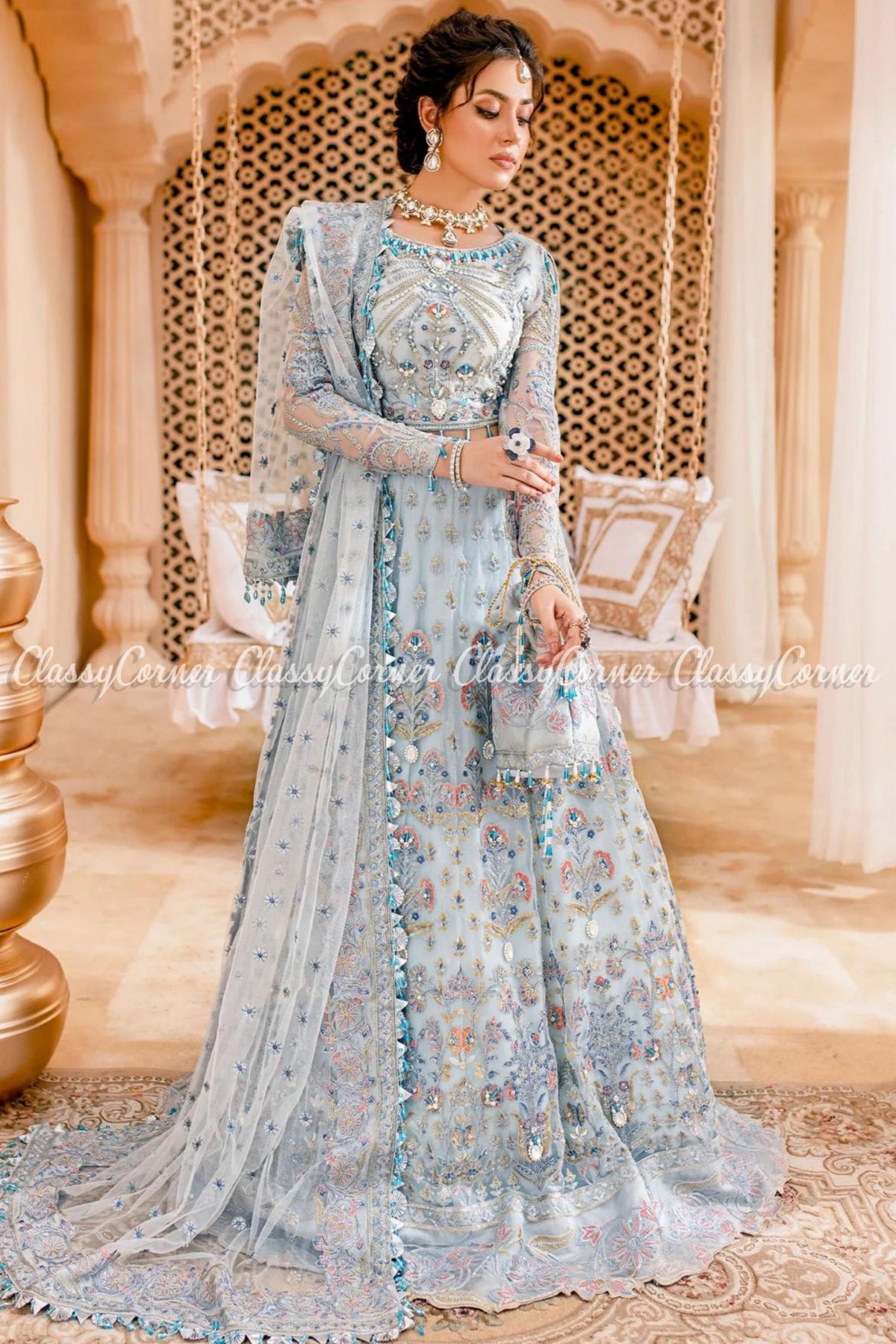 Sky Blue Net Embellished Wedding Wear Lehenga Choli