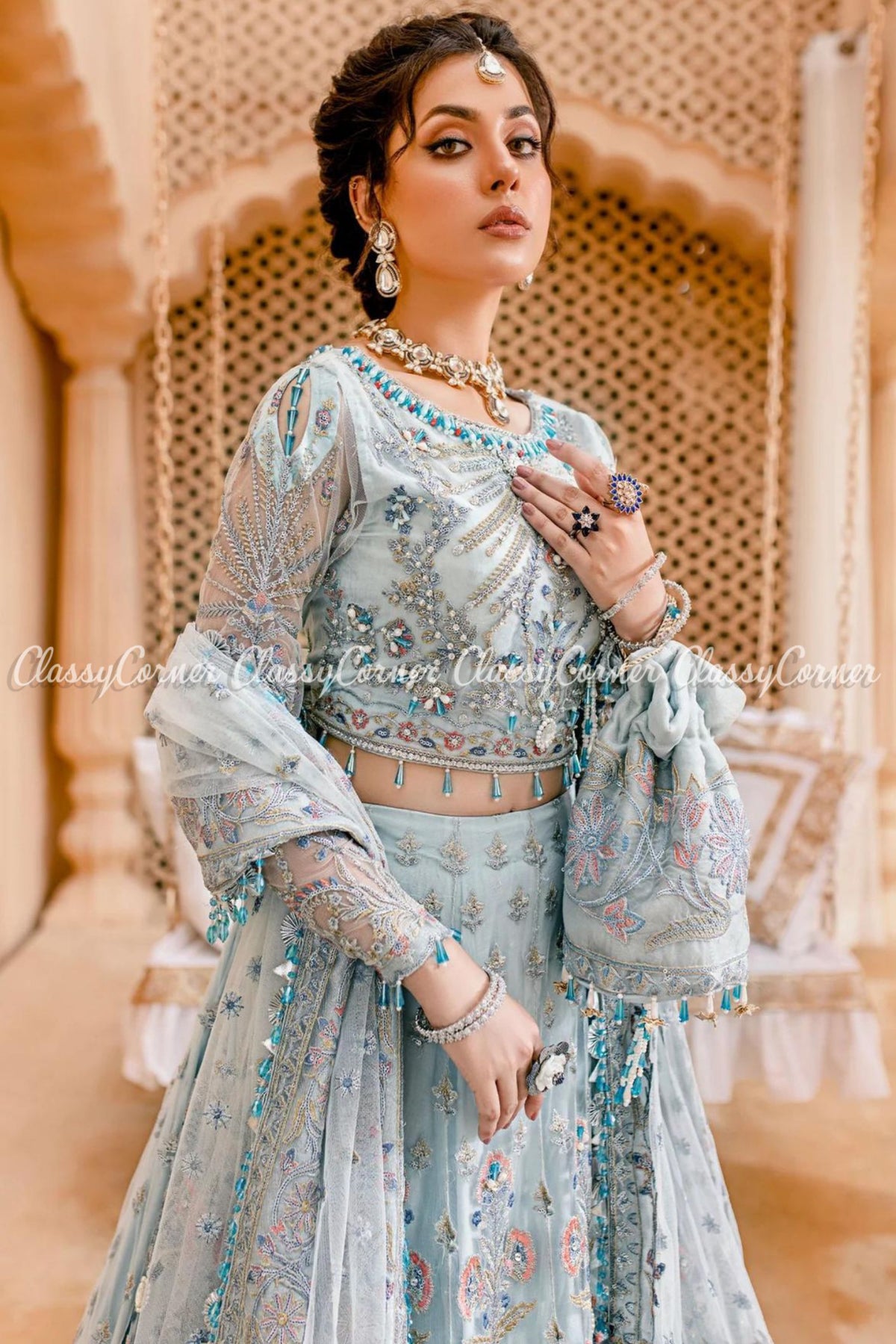 Sky Blue Net Embellished Wedding Wear Lehenga Choli