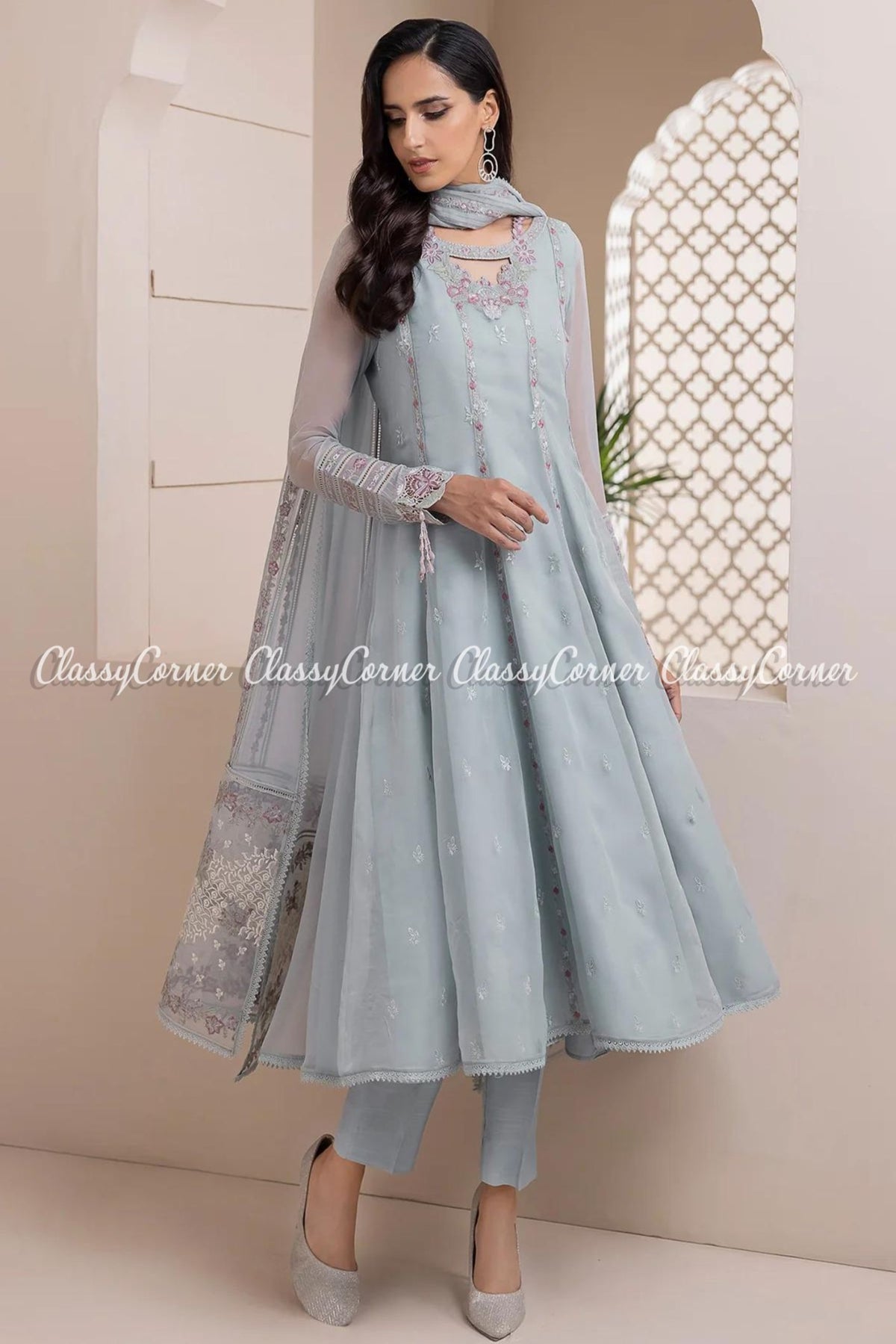 Sky Blue Chiffon Embroidered Party Wear Outfit