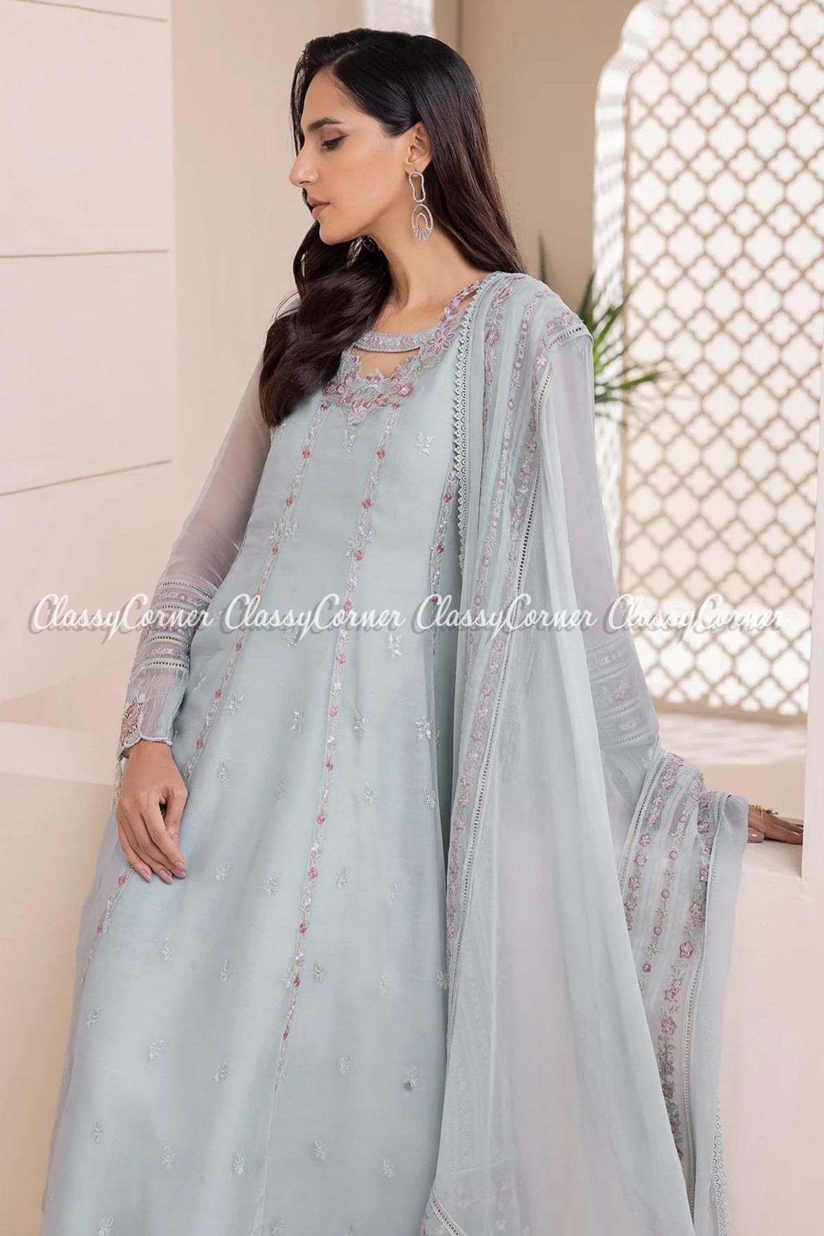 Sky Blue Chiffon Embroidered Party Wear Outfit