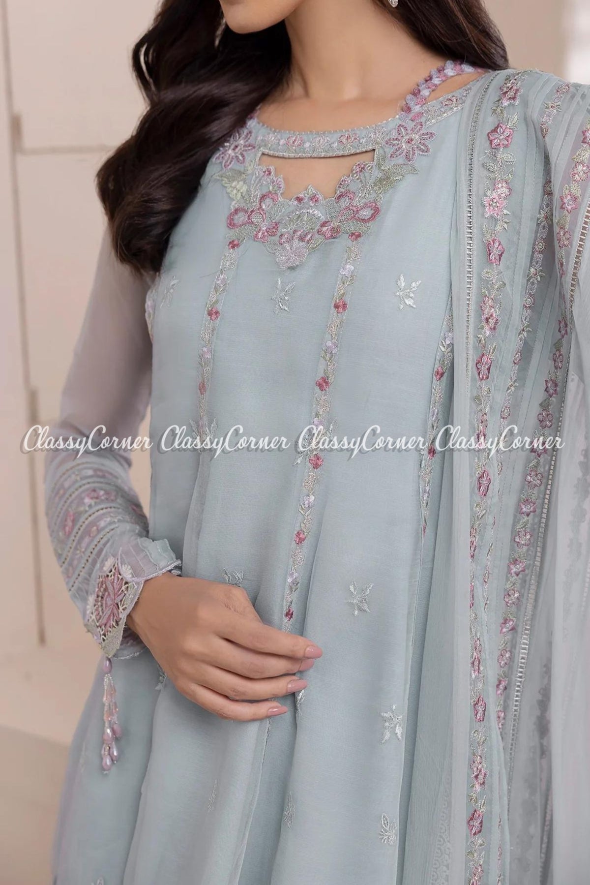 Sky Blue Chiffon Embroidered Party Wear Outfit