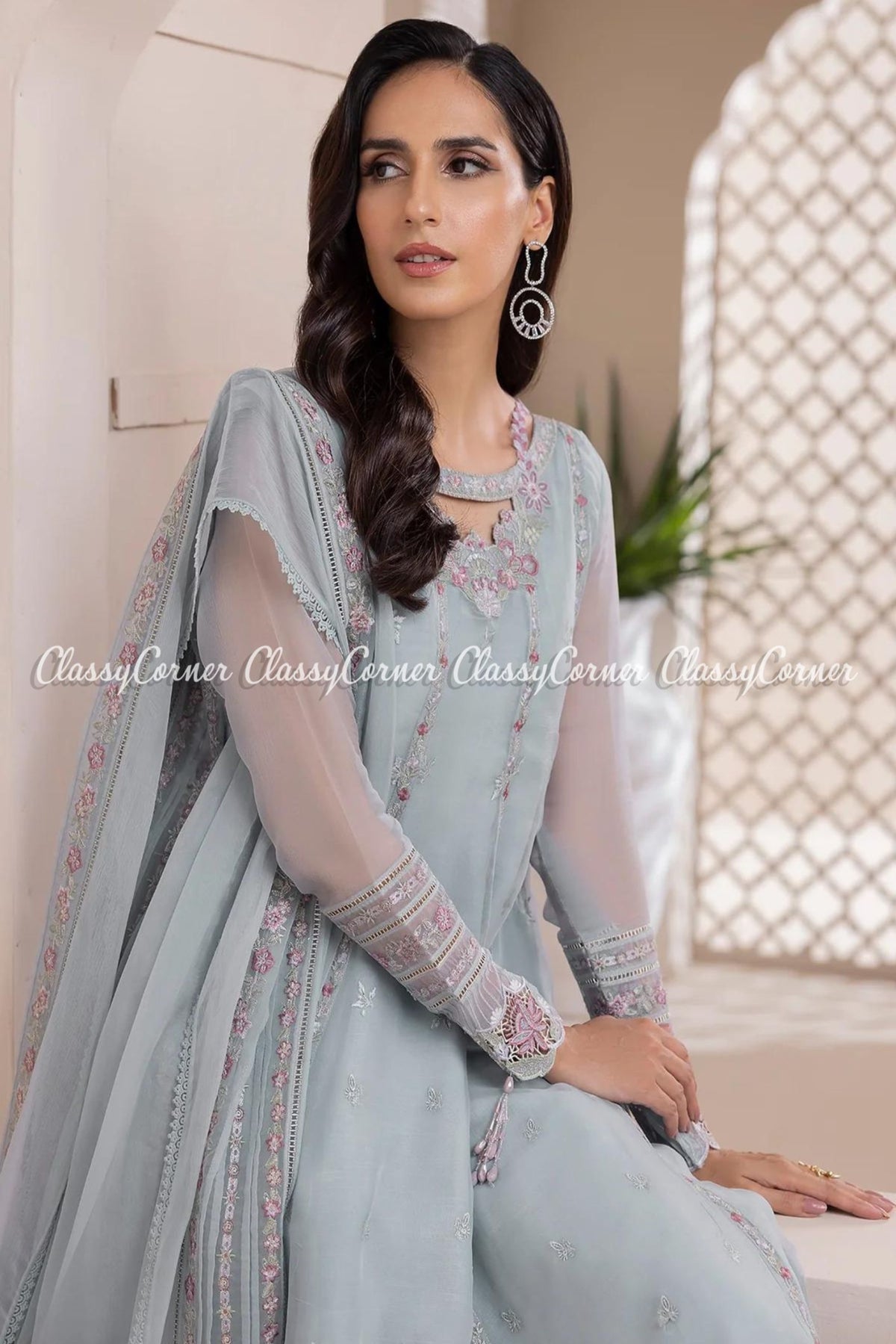 Sky Blue Chiffon Embroidered Party Wear Outfit