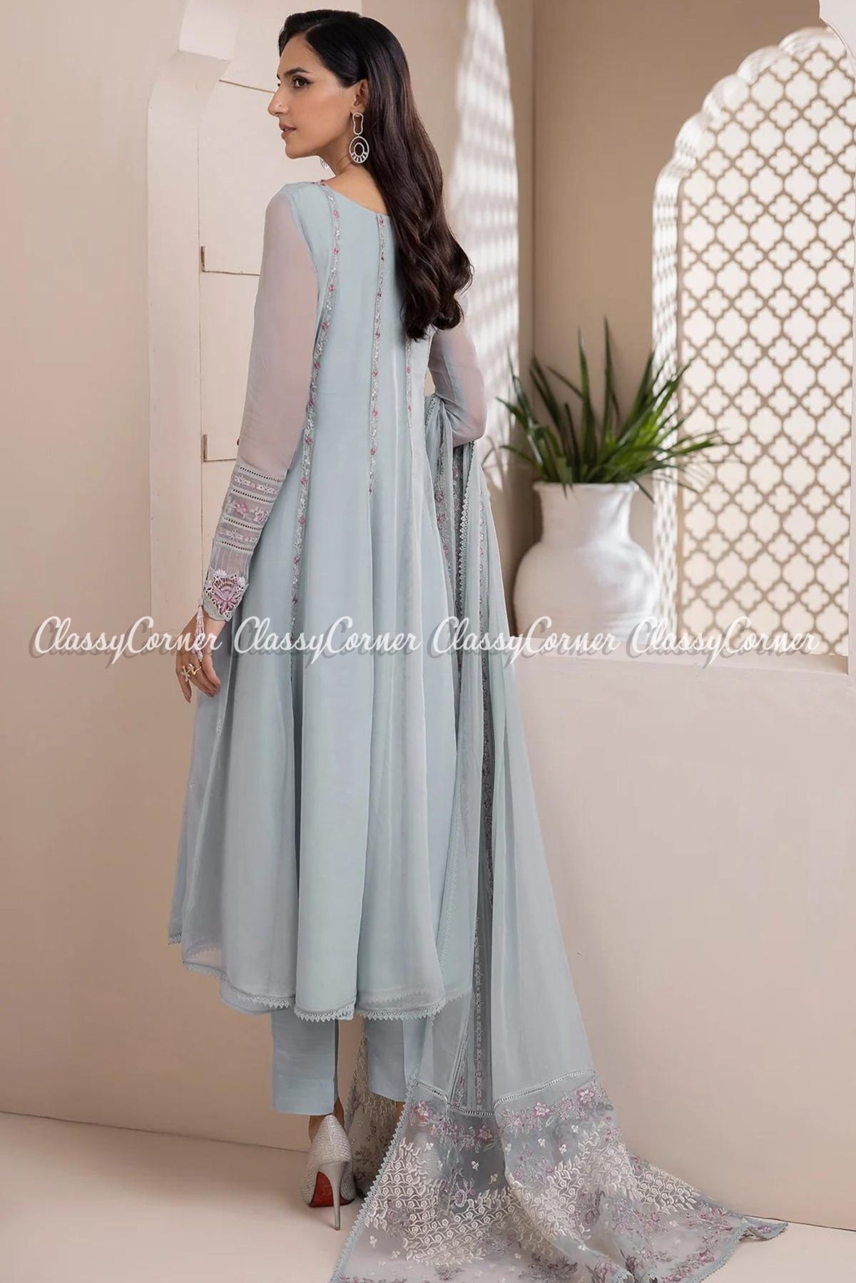 Sky Blue Chiffon Embroidered Party Wear Outfit