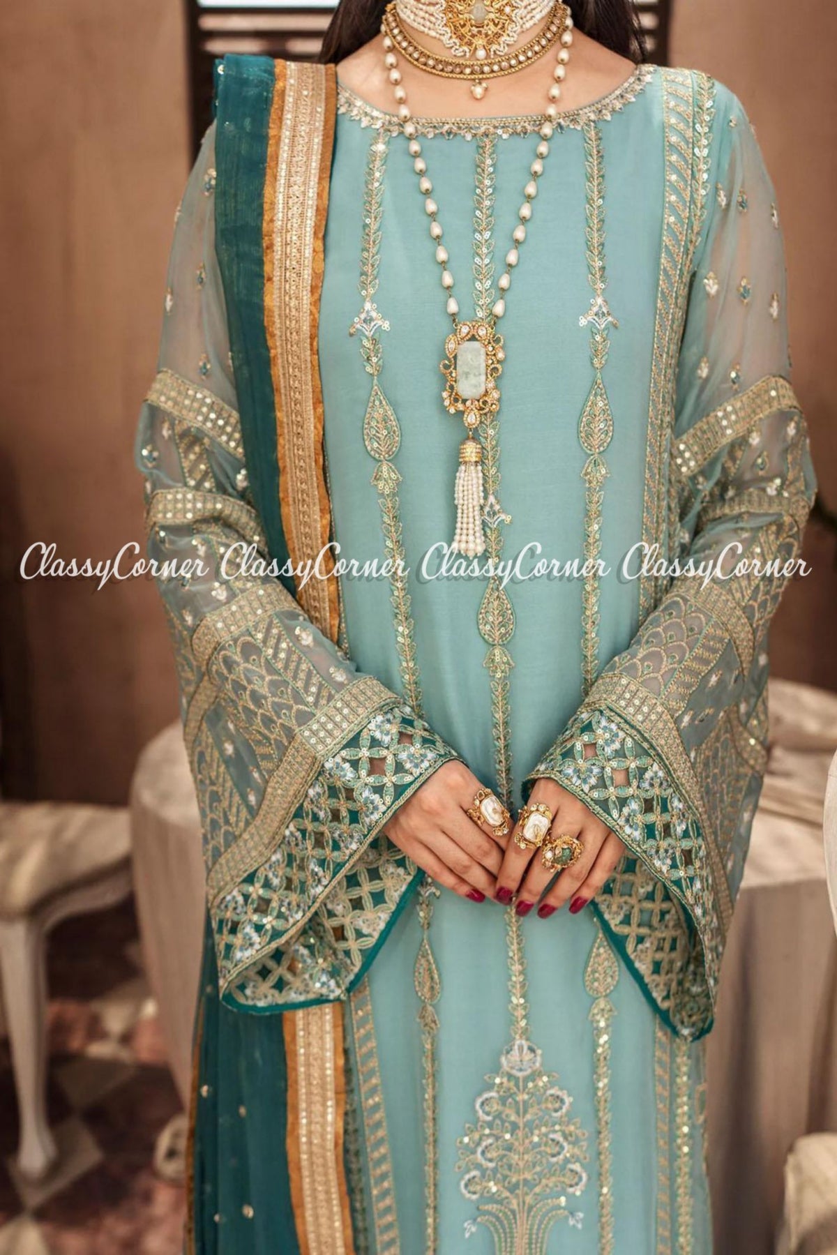 Sky Blue Golden Chiffon Embroidered Party Wear Salwar Kameez
