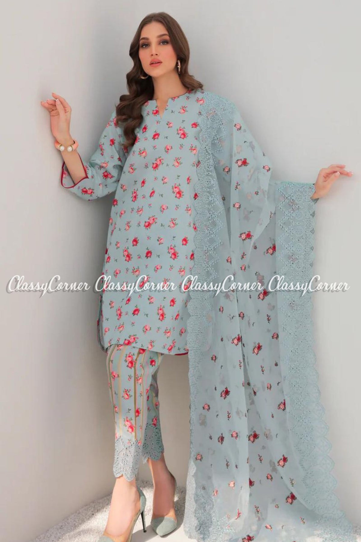 Sky Blue Digital Printed Lawn Formal Wear Salwar Kameez