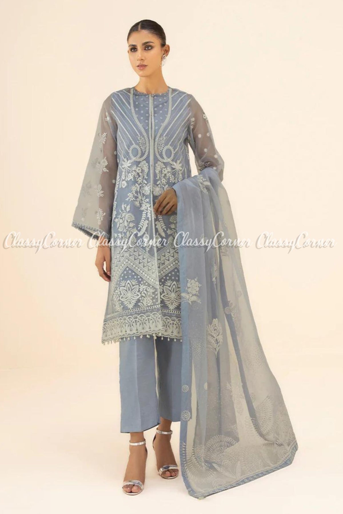 Pakistani Sky Blue White Organza Embroidered Salwar Kameez