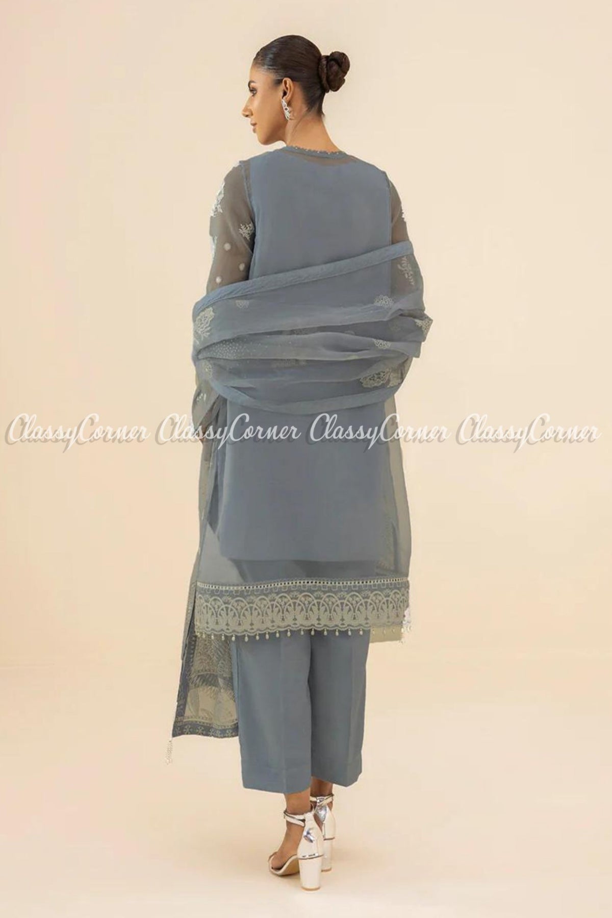 Pakistani Sky Blue White Organza Embroidered Salwar Kameez