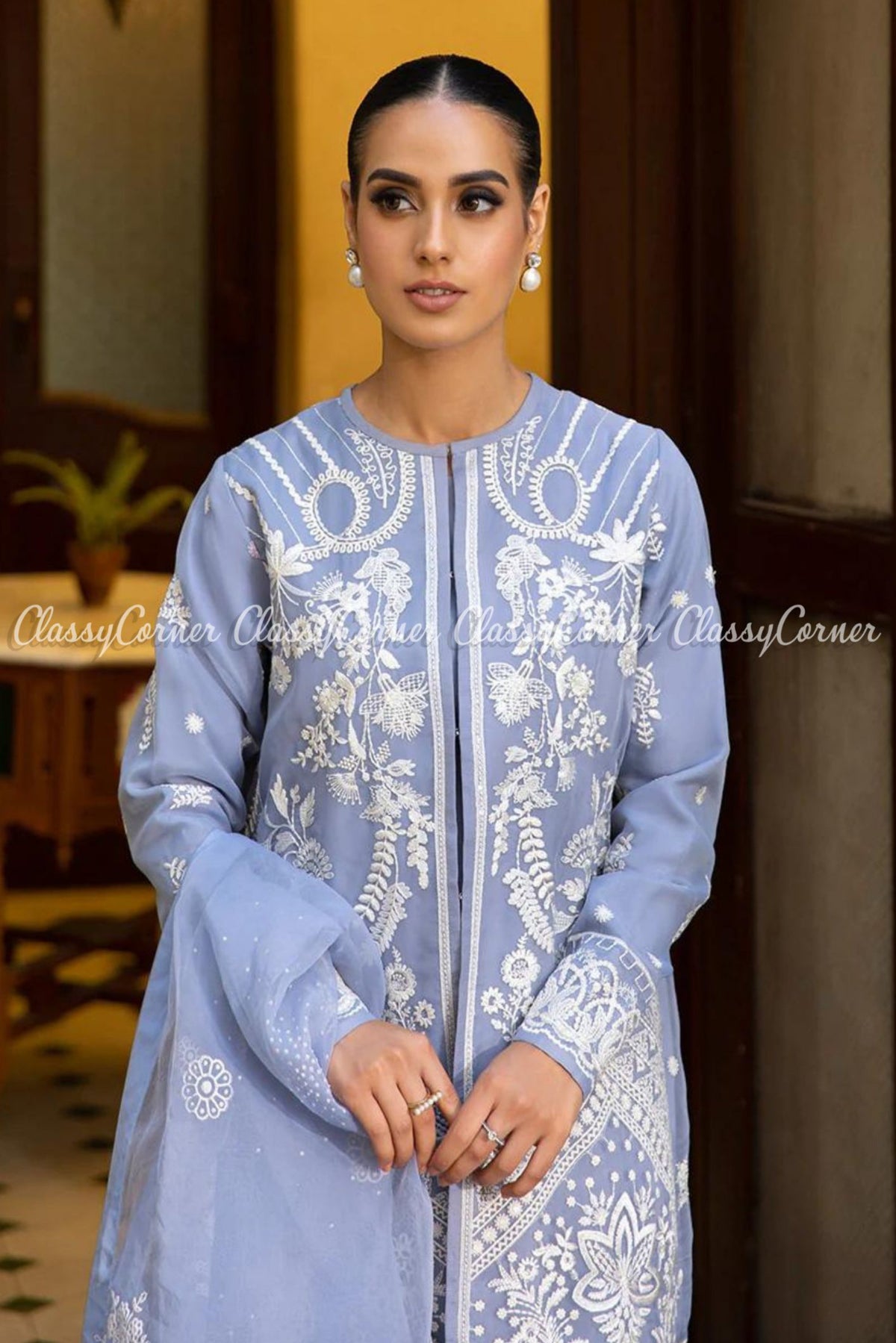 Pakistani Sky Blue White Organza Embroidered Salwar Kameez