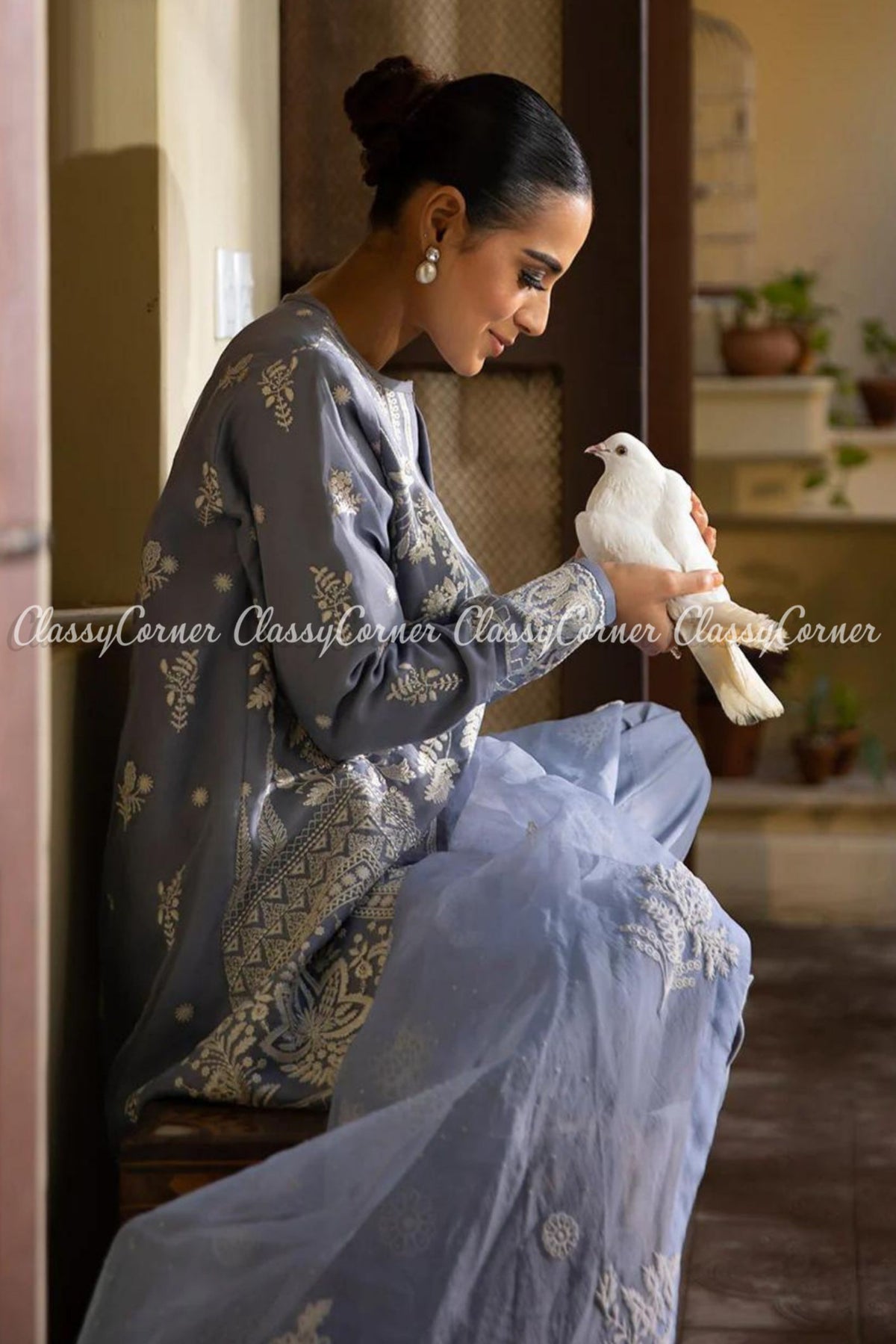 Pakistani Sky Blue White Organza Embroidered Salwar Kameez