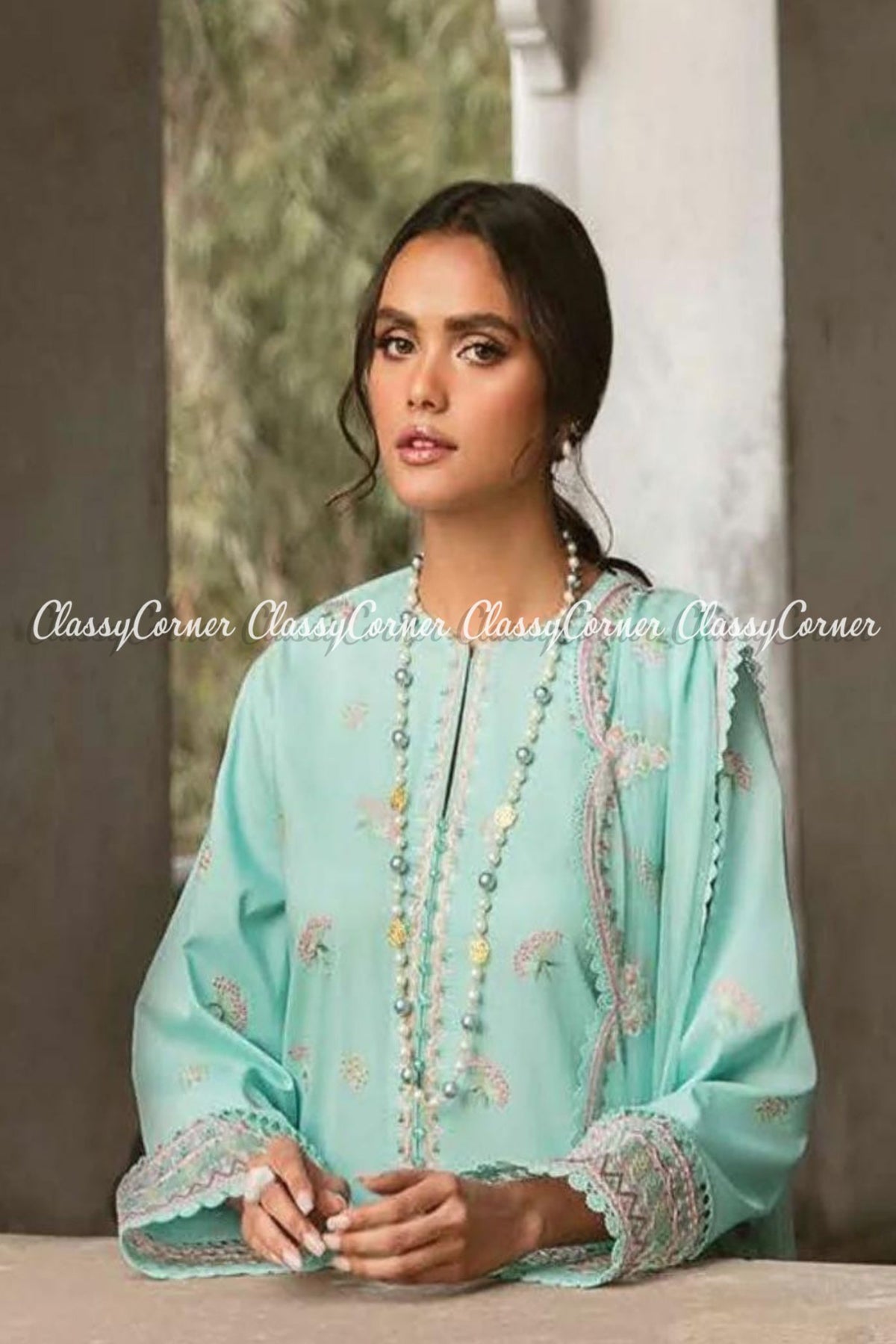 Sky Blue Lawn Embroidered Pakistani Salwar kameez