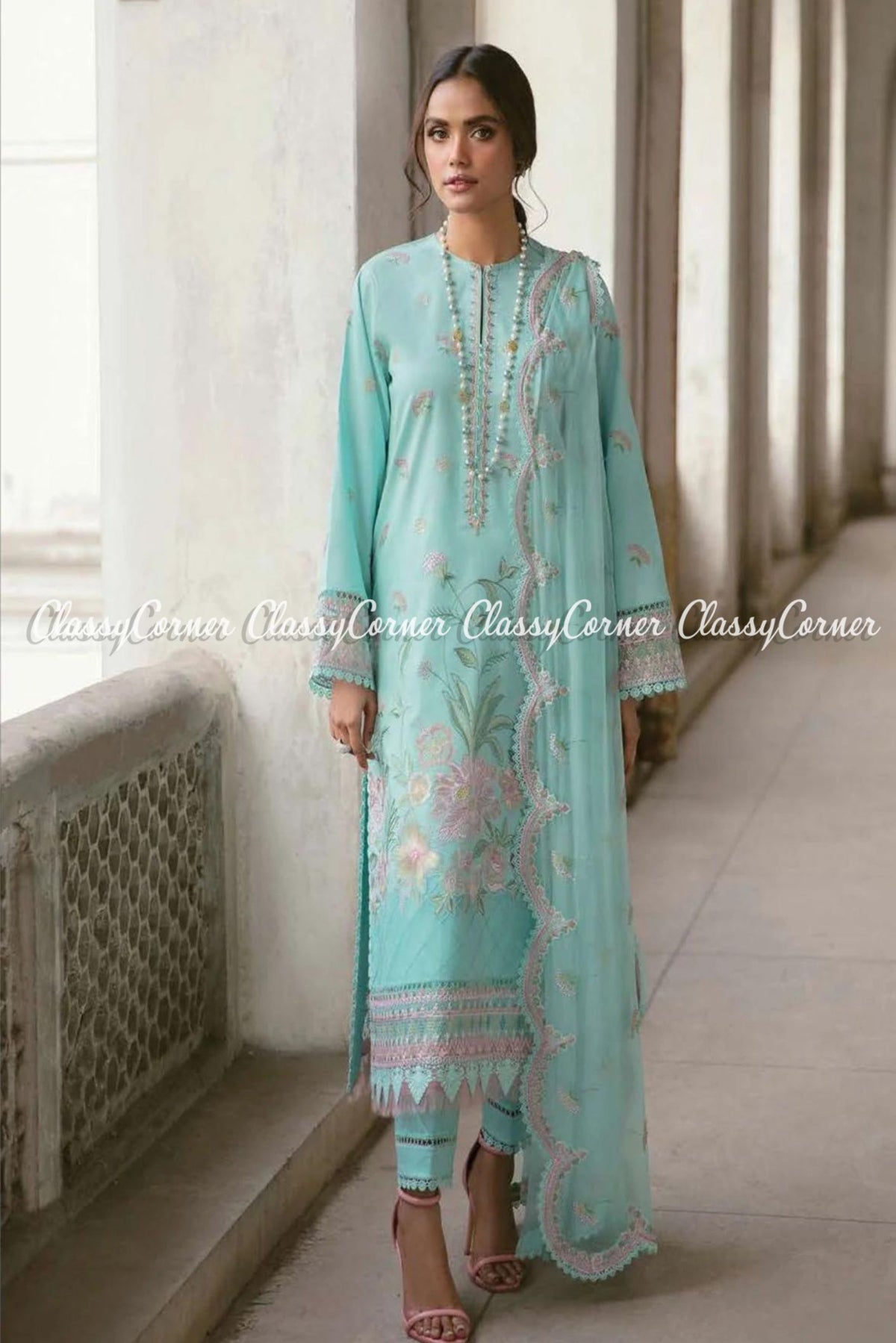 Sky Blue Lawn Embroidered Pakistani Salwar kameez