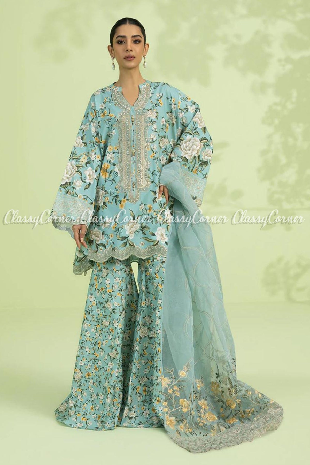 Sky Blue Yellow Floral Embroidered Festive Wear Sharara Dress