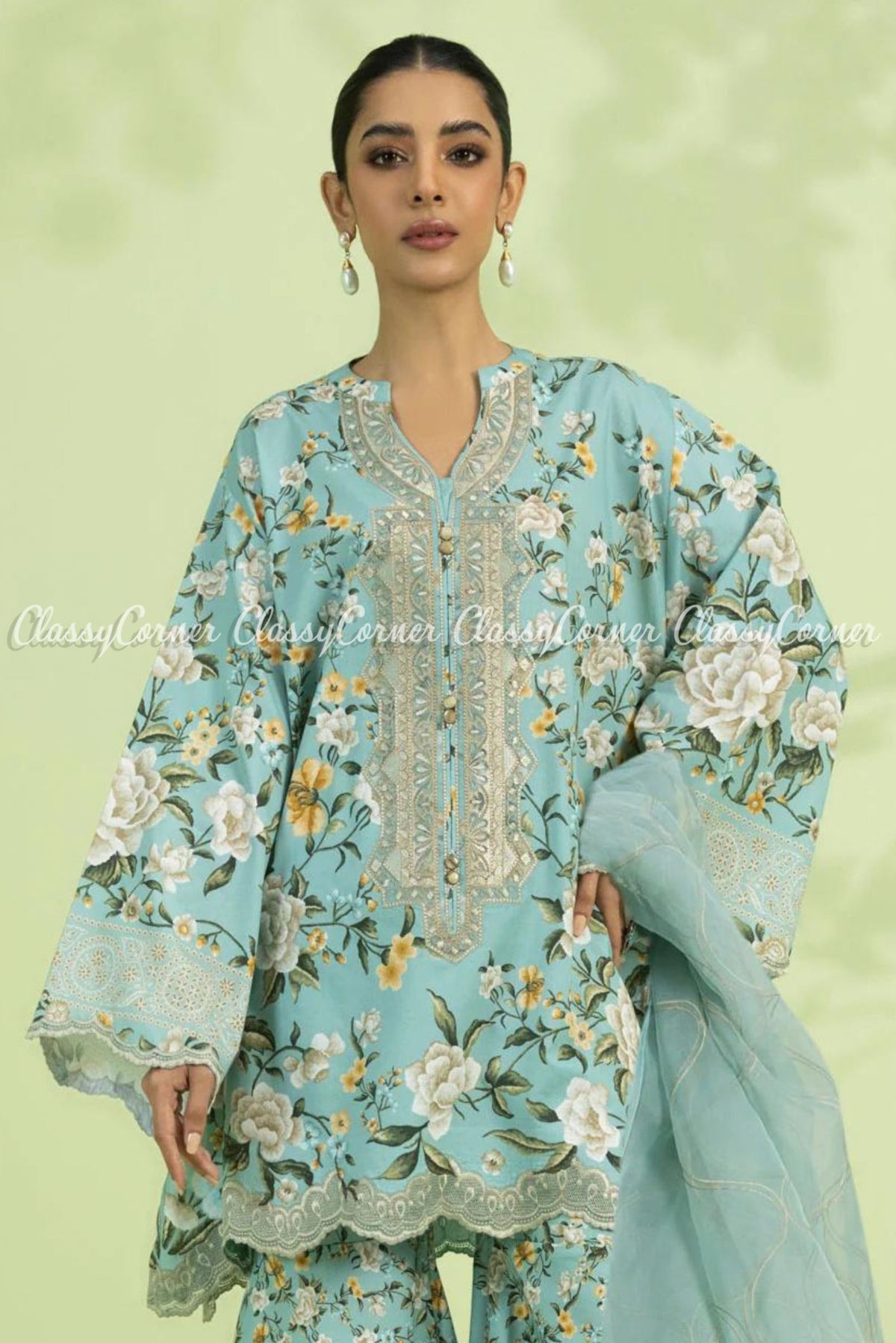 Sky Blue Yellow Floral Embroidered Festive Wear Sharara Dress