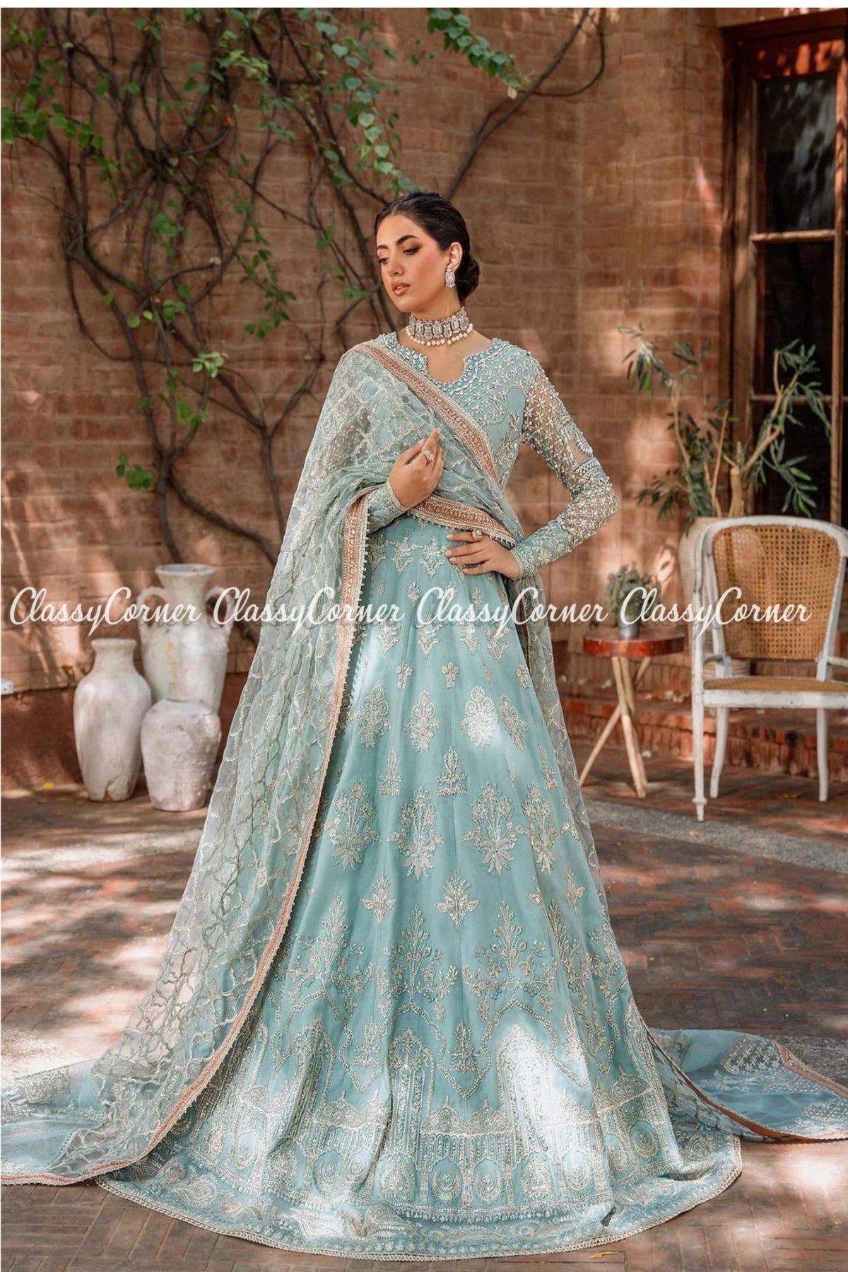 Sky Blue Silver Net Embellished Wedding Wear Gown