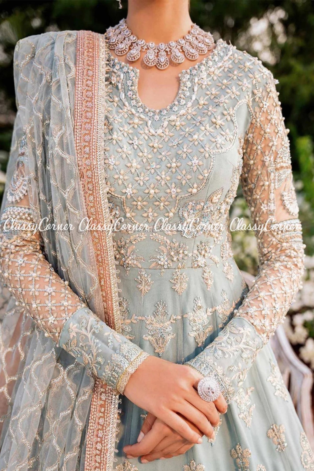 Sky Blue Silver Net Embellished Wedding Wear Gown