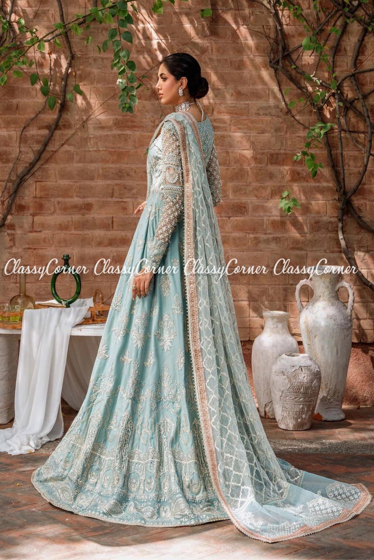 Sky Blue Silver Net Embellished Wedding Wear Gown