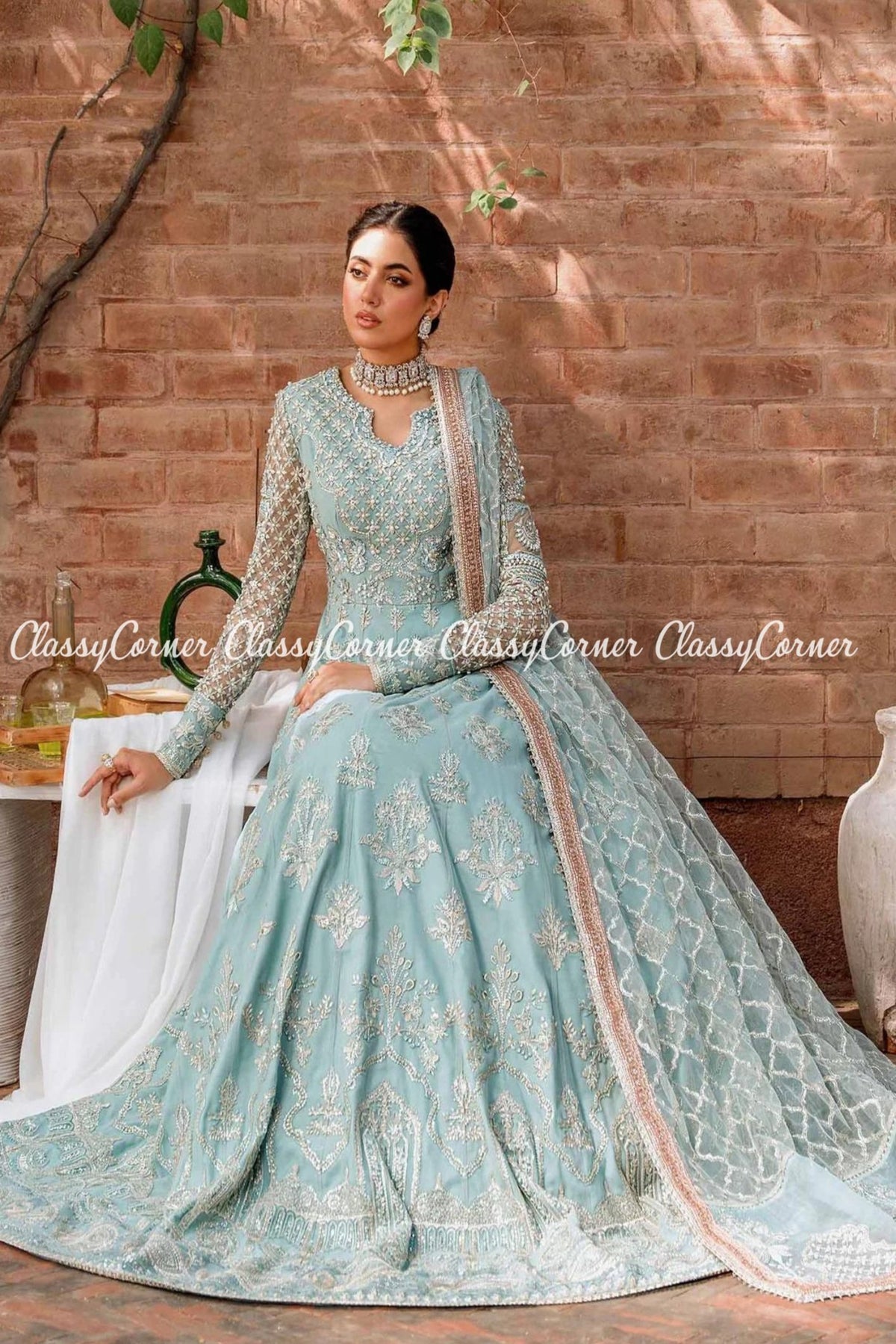 Sky Blue Silver Net Embellished Wedding Wear Gown