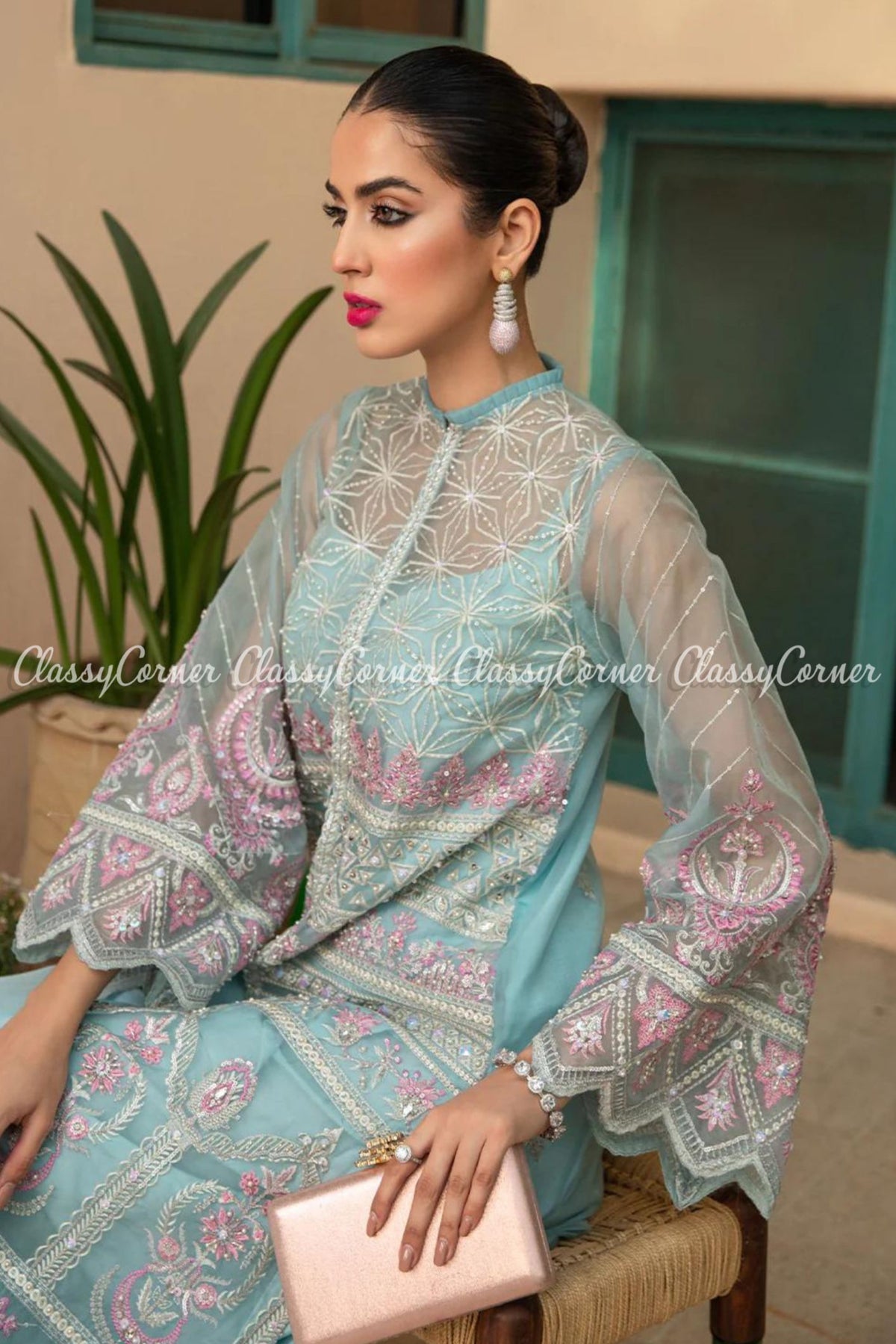 Sky Blue Pink Organza Embroidered Party Wear Sharara Dress