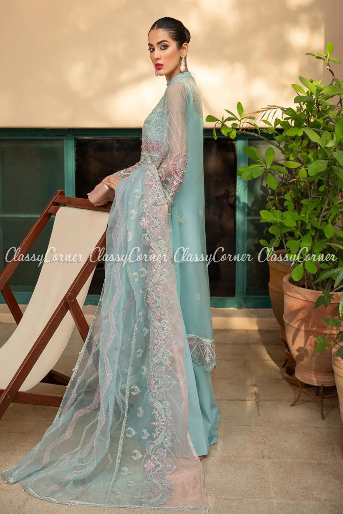 Sky Blue Pink Organza Embroidered Party Wear Sharara Dress