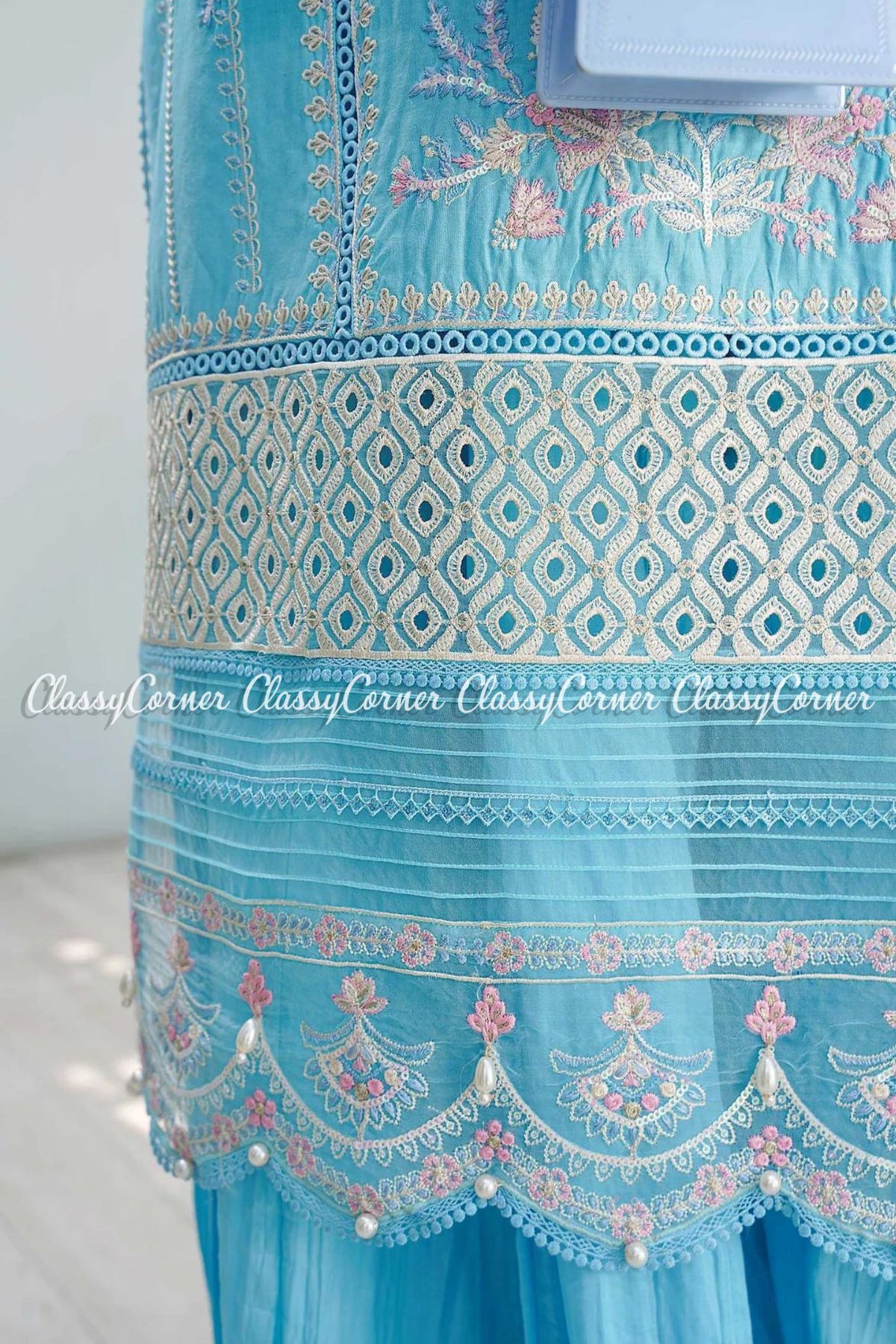 Sky Blue White Lawn Embroidered Formal Wear Sharara Outfit