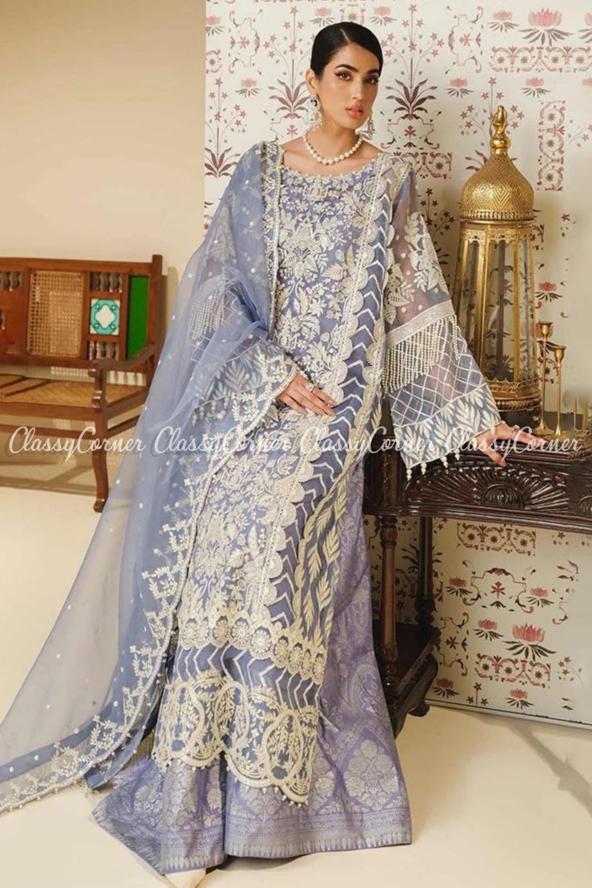 Sky Blue White Organza Embroidered Pakistani Salwar Kameez