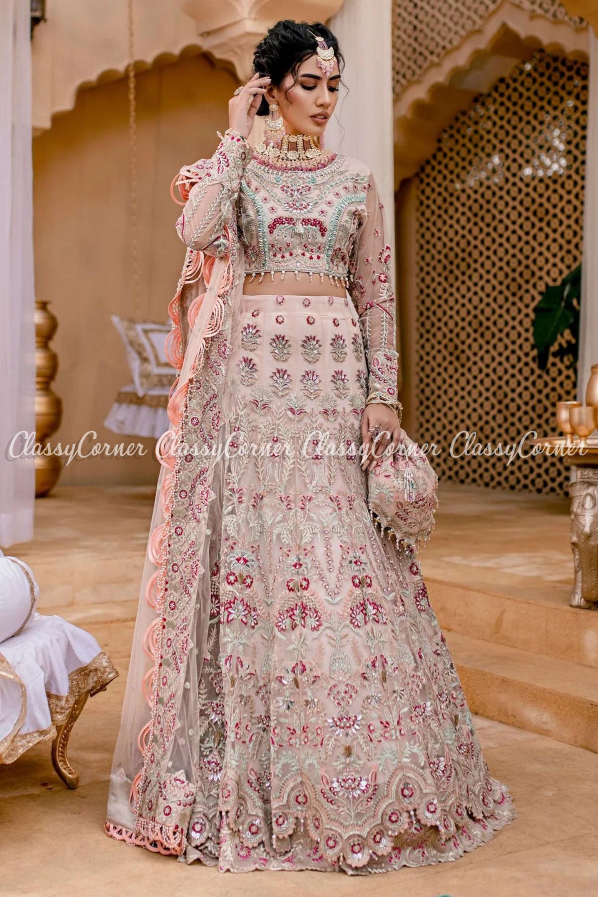 Soft Pink Net Embellished Wedding Wear Lehenga Choli