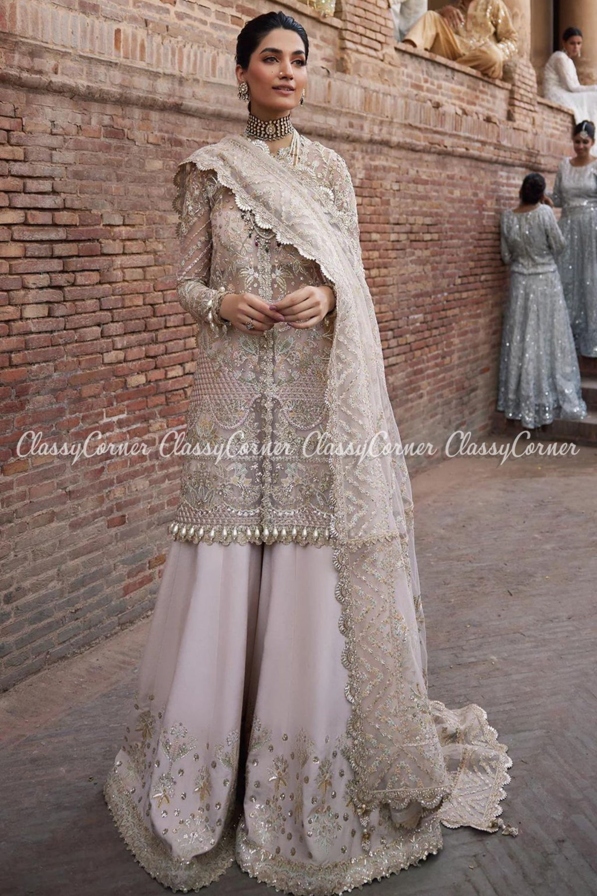 Soft Pink Golden Organza Embroidered Sharara Dress