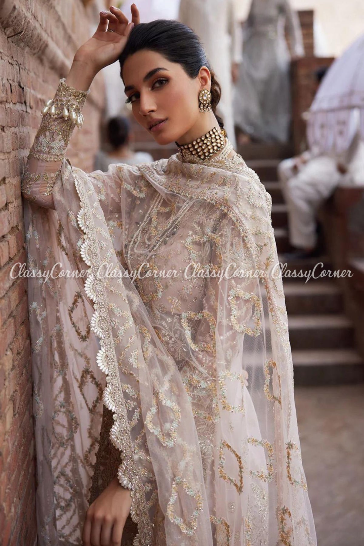 Soft Pink Golden Organza Embroidered Sharara Dress