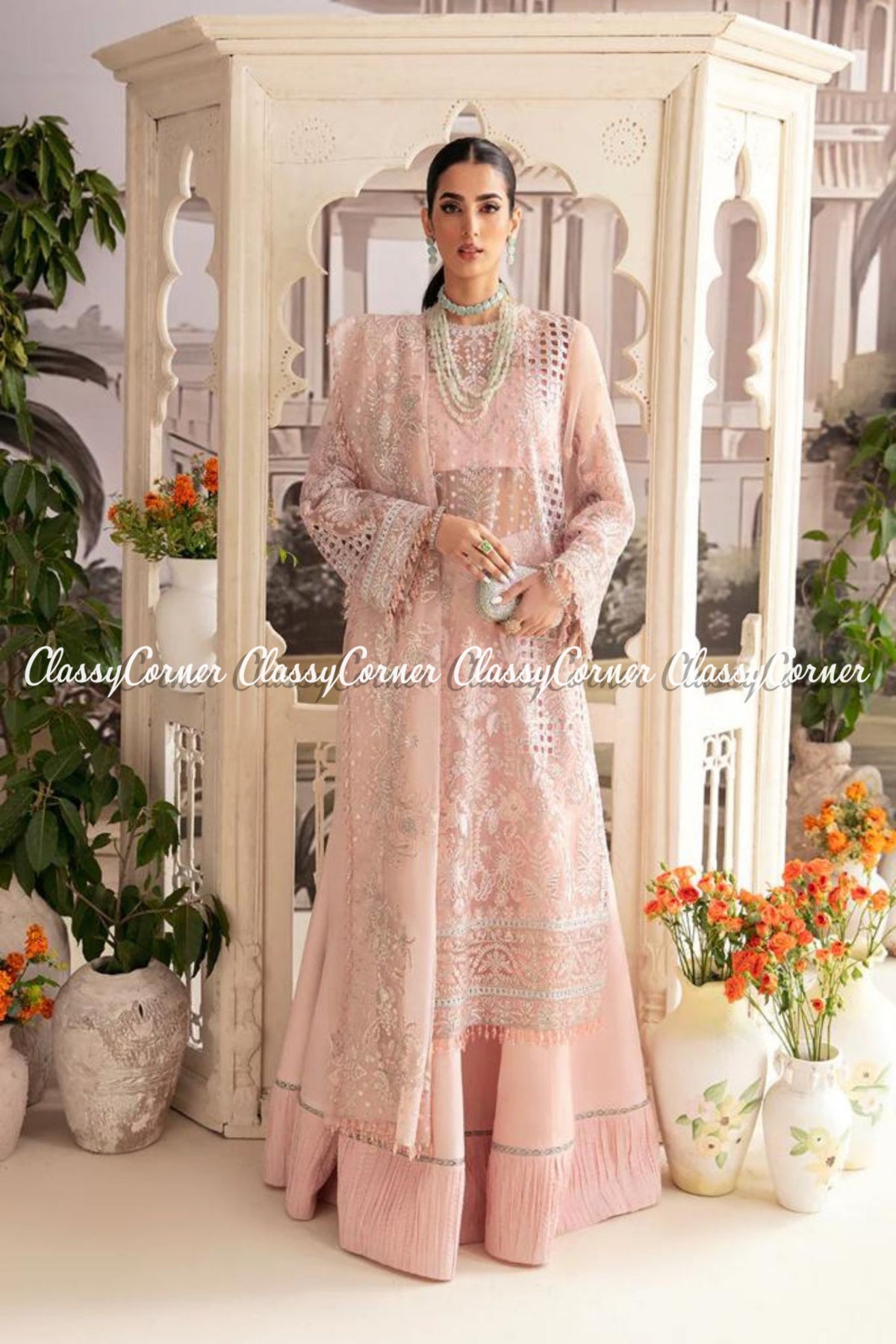 Soft Pink Organza Embroidered Party Wear Sharara Outfit