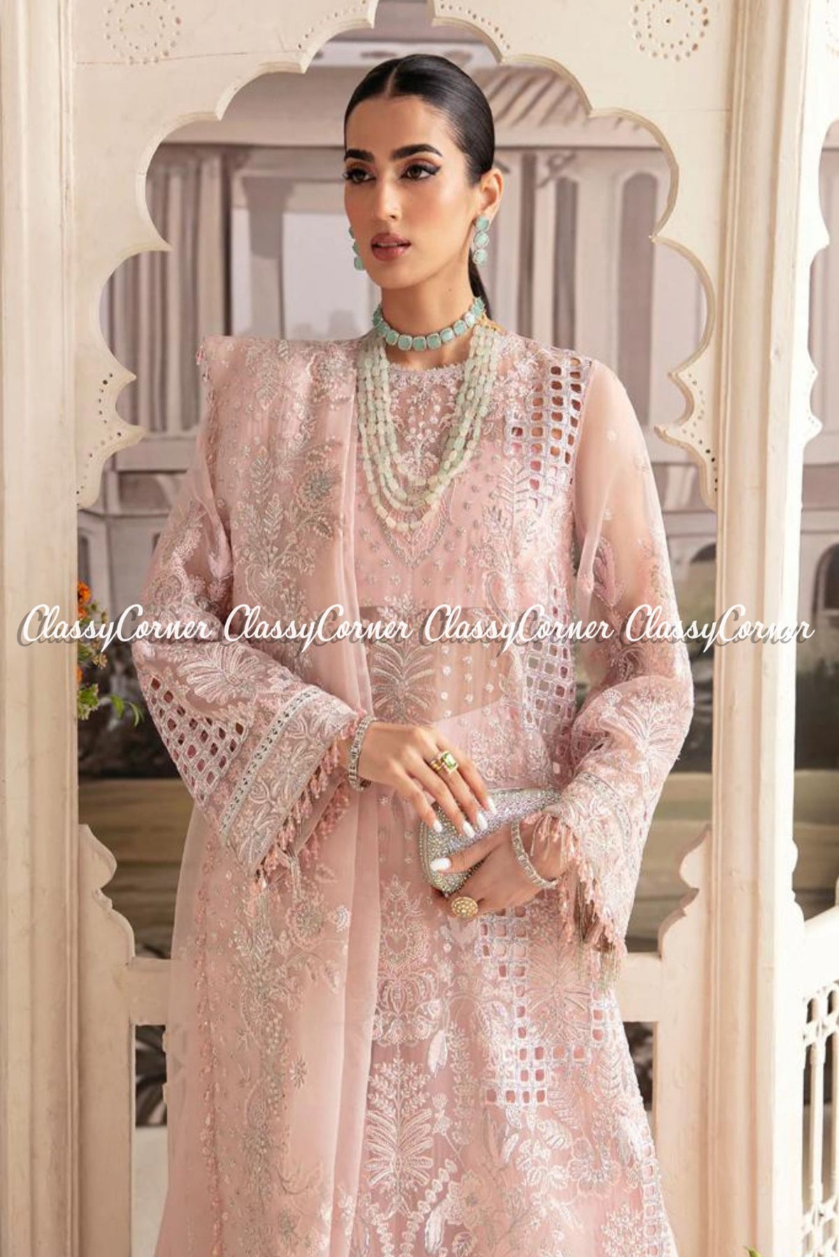 Soft Pink Organza Embroidered Party Wear Sharara Outfit