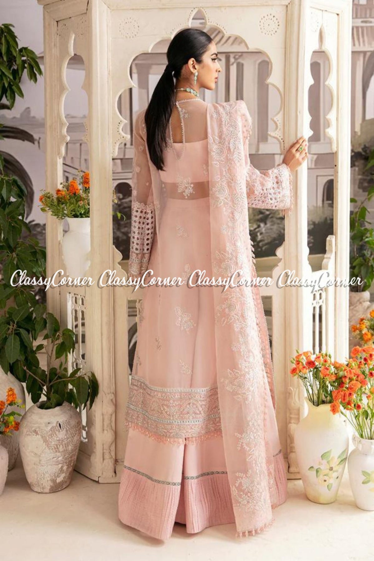 Soft Pink Organza Embroidered Party Wear Sharara Outfit