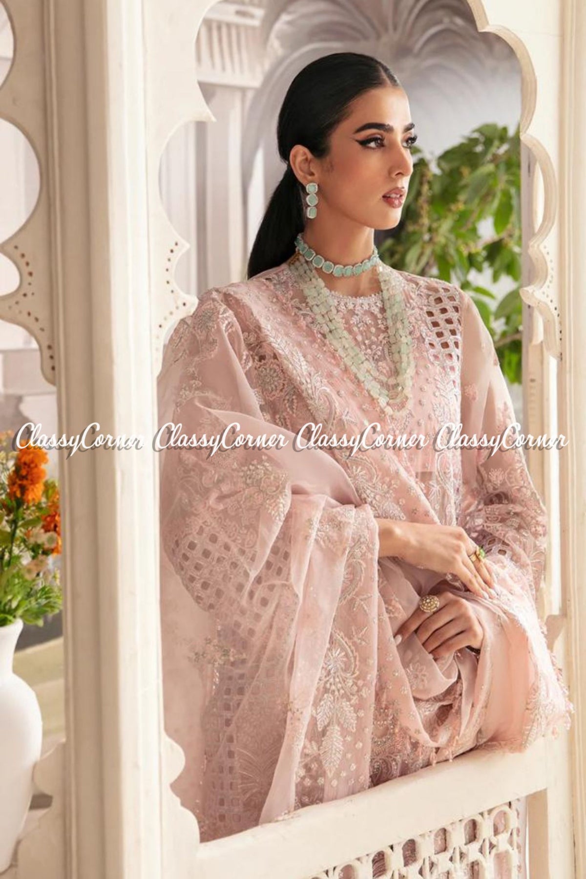 Soft Pink Organza Embroidered Party Wear Sharara Outfit