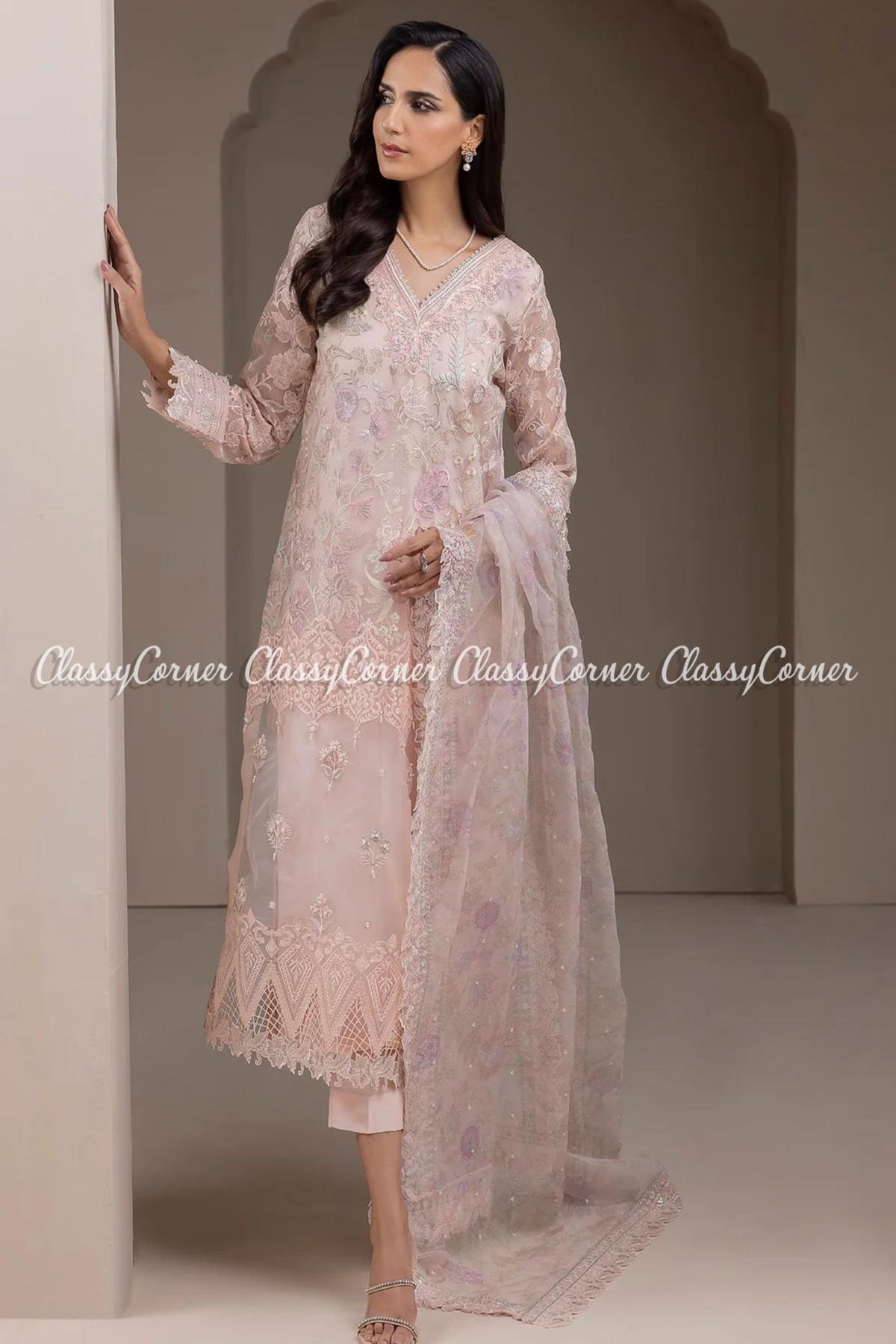 Soft Pink Organza Embroidered Party Wear Salwar Kameez