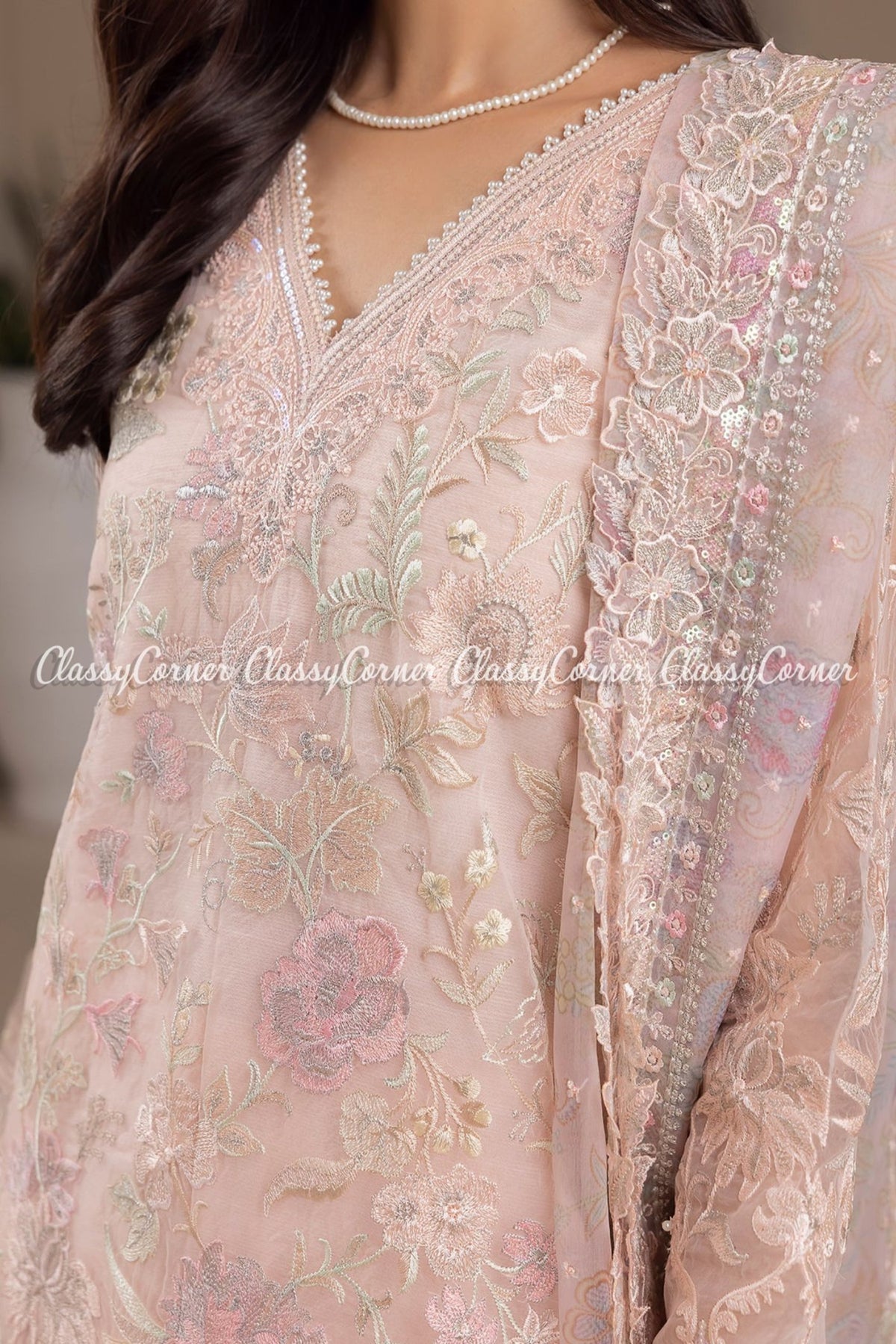 Soft Pink Organza Embroidered Party Wear Salwar Kameez